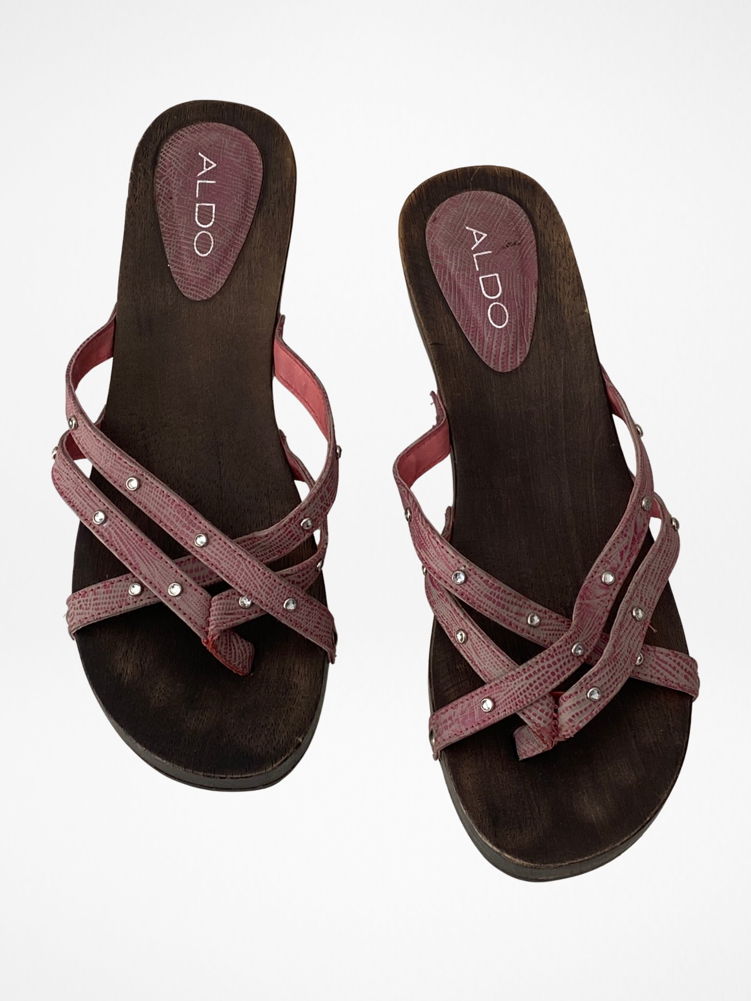 Vintage Y2K ALDO Pink Rhinestone Strappy Wooden Clog Sandals - 37 EU