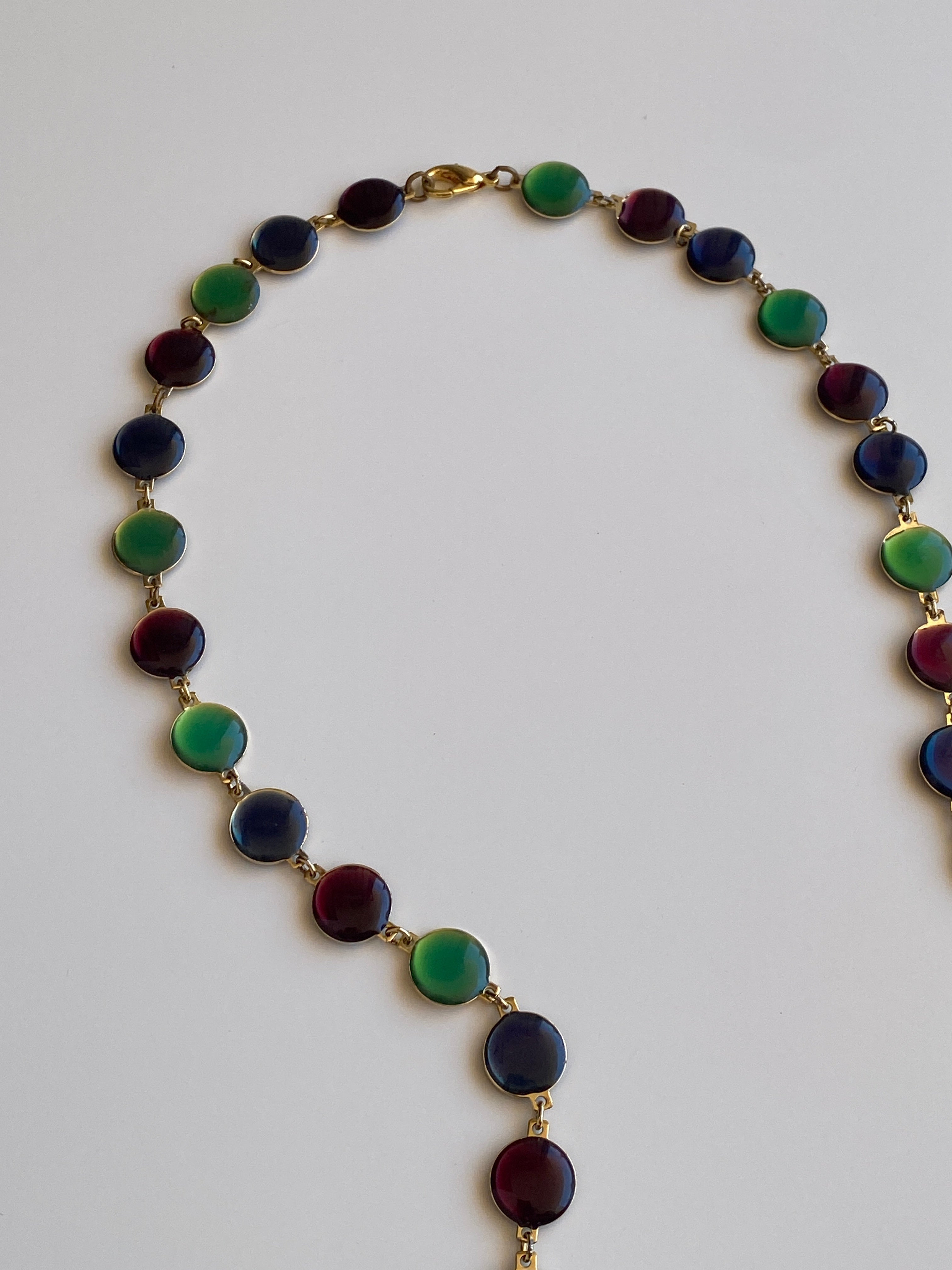 Vintage Double-Sided Green & Burgundy Lucite Disc Long Necklace