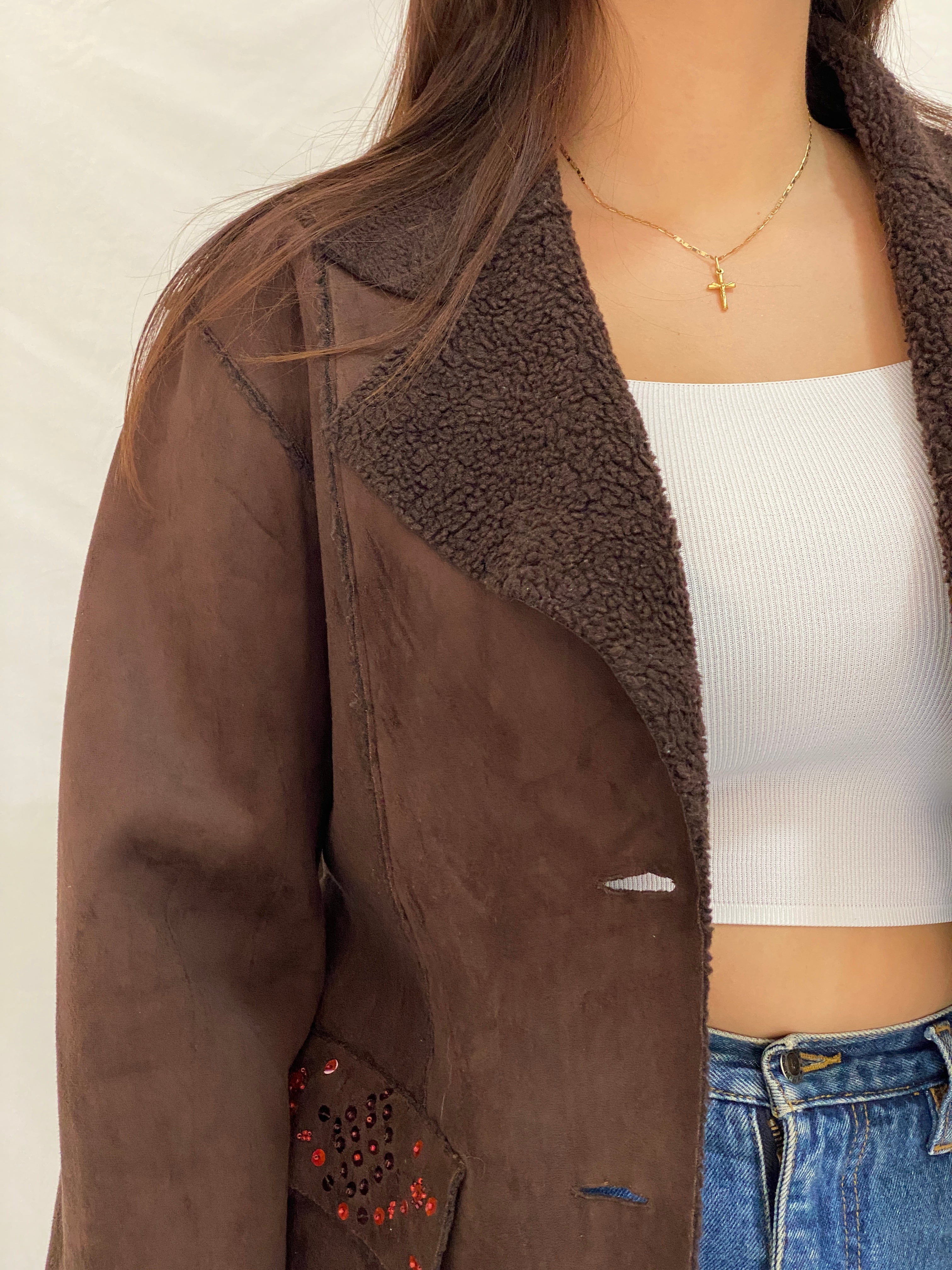 Y2K Together Brown Faux Suede Teddy Trim Jacket - L