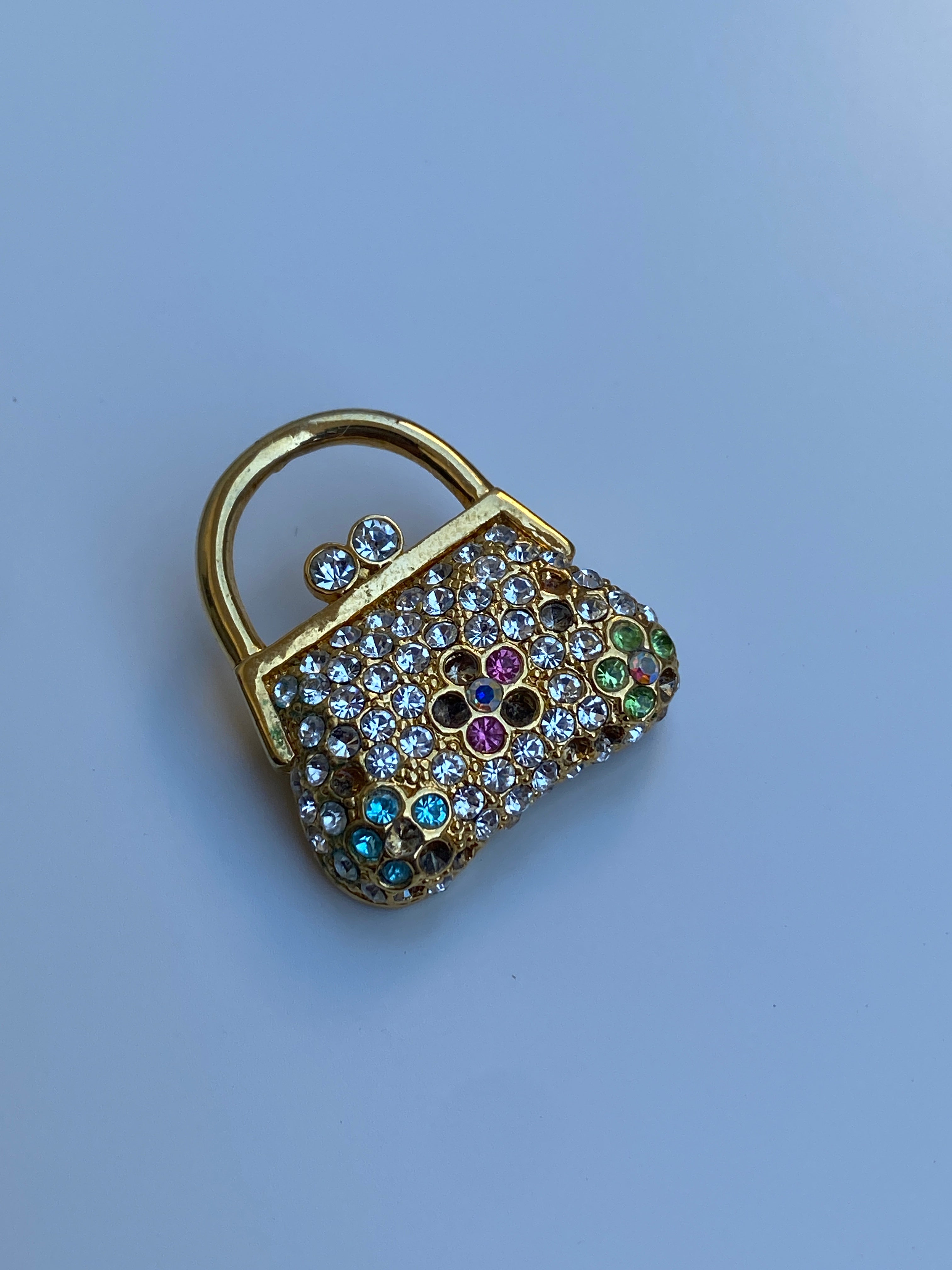 Vintage JS Gold-Tone Rhinestone Handbag Brooch Multicolor Crystal Purse Pin