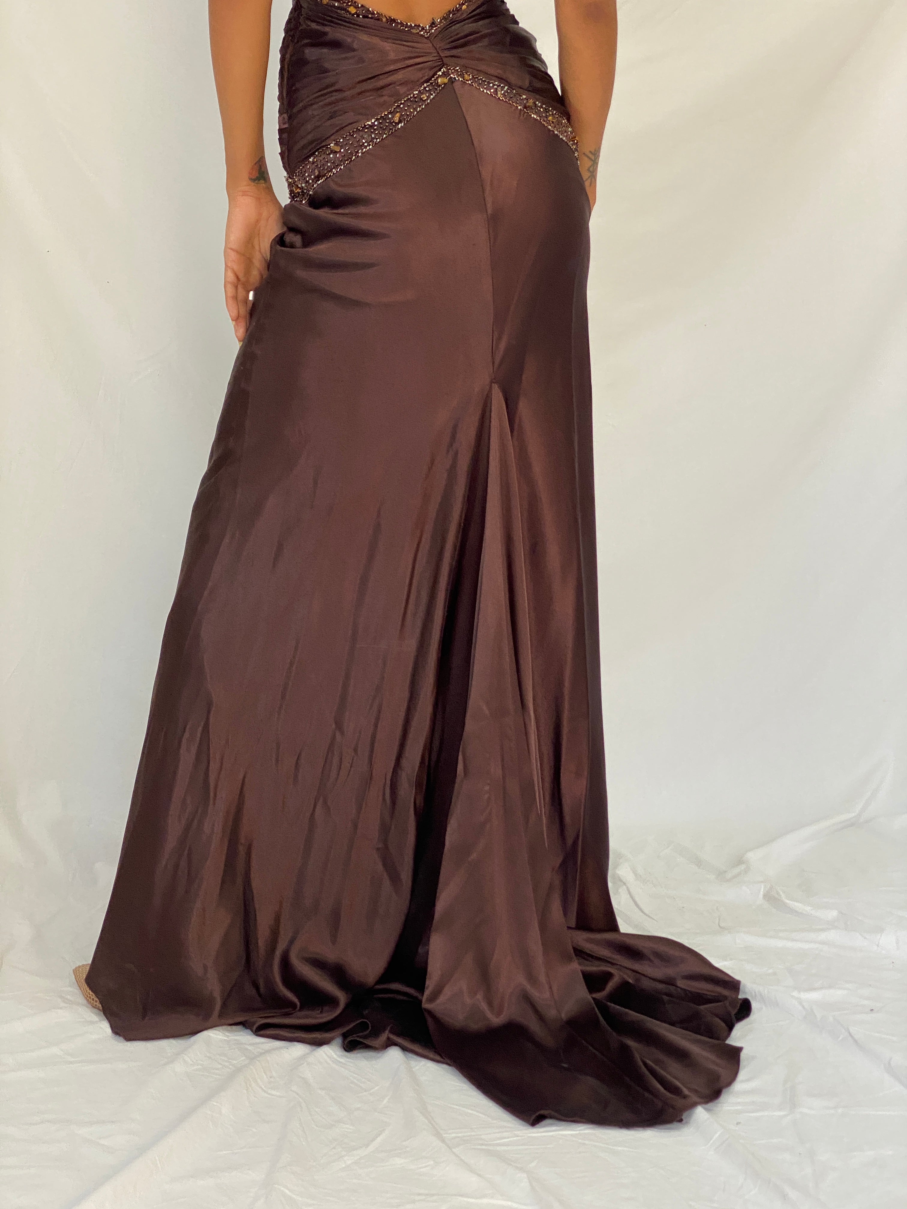 Vintage Y2K Alyce Designs Brown Satin Beaded Lace Cutout Formal Maxi Dress - XS