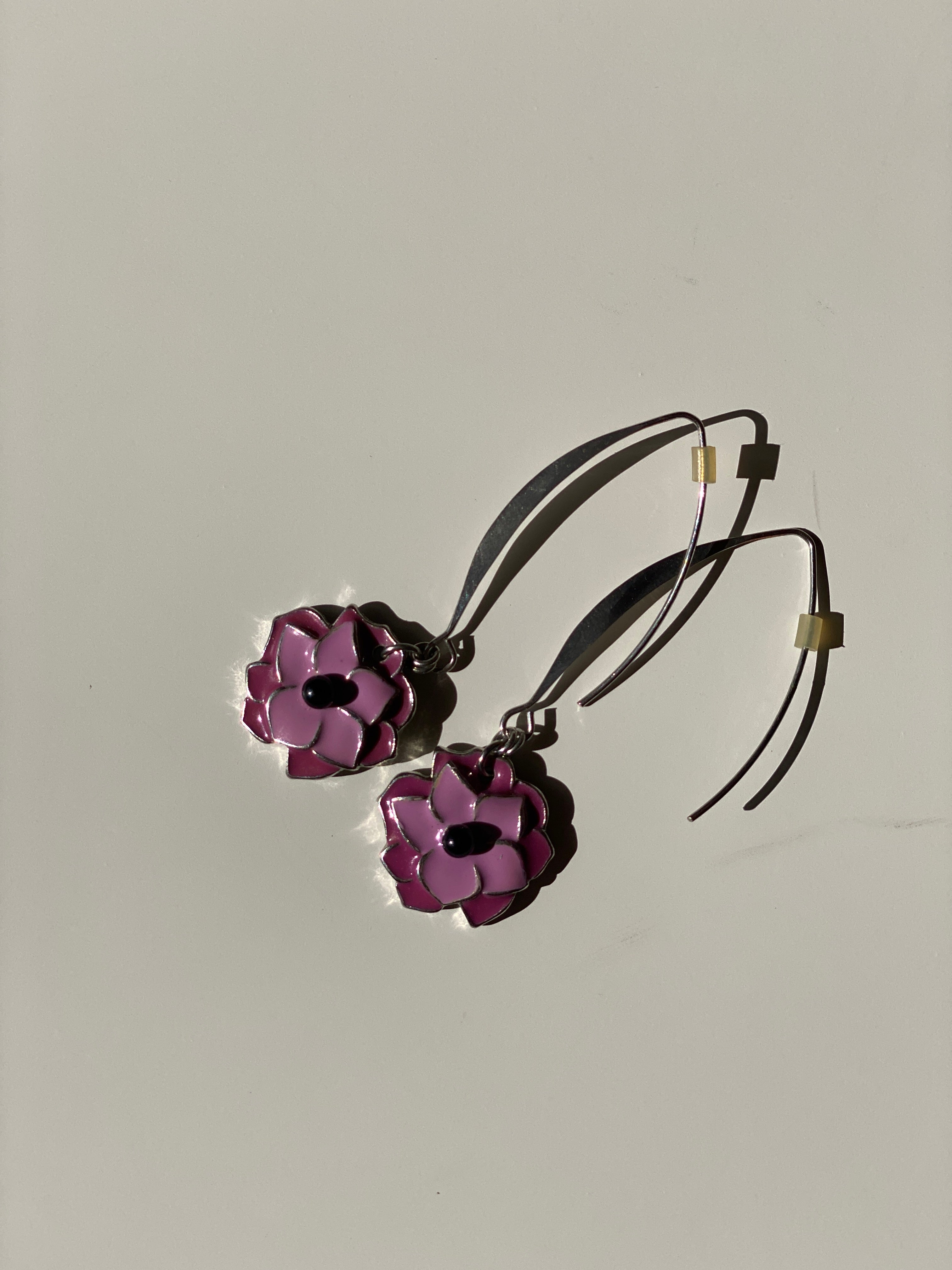 Vintage Enamel Flower Drop Earrings - Pink & Purple Floral Dangle