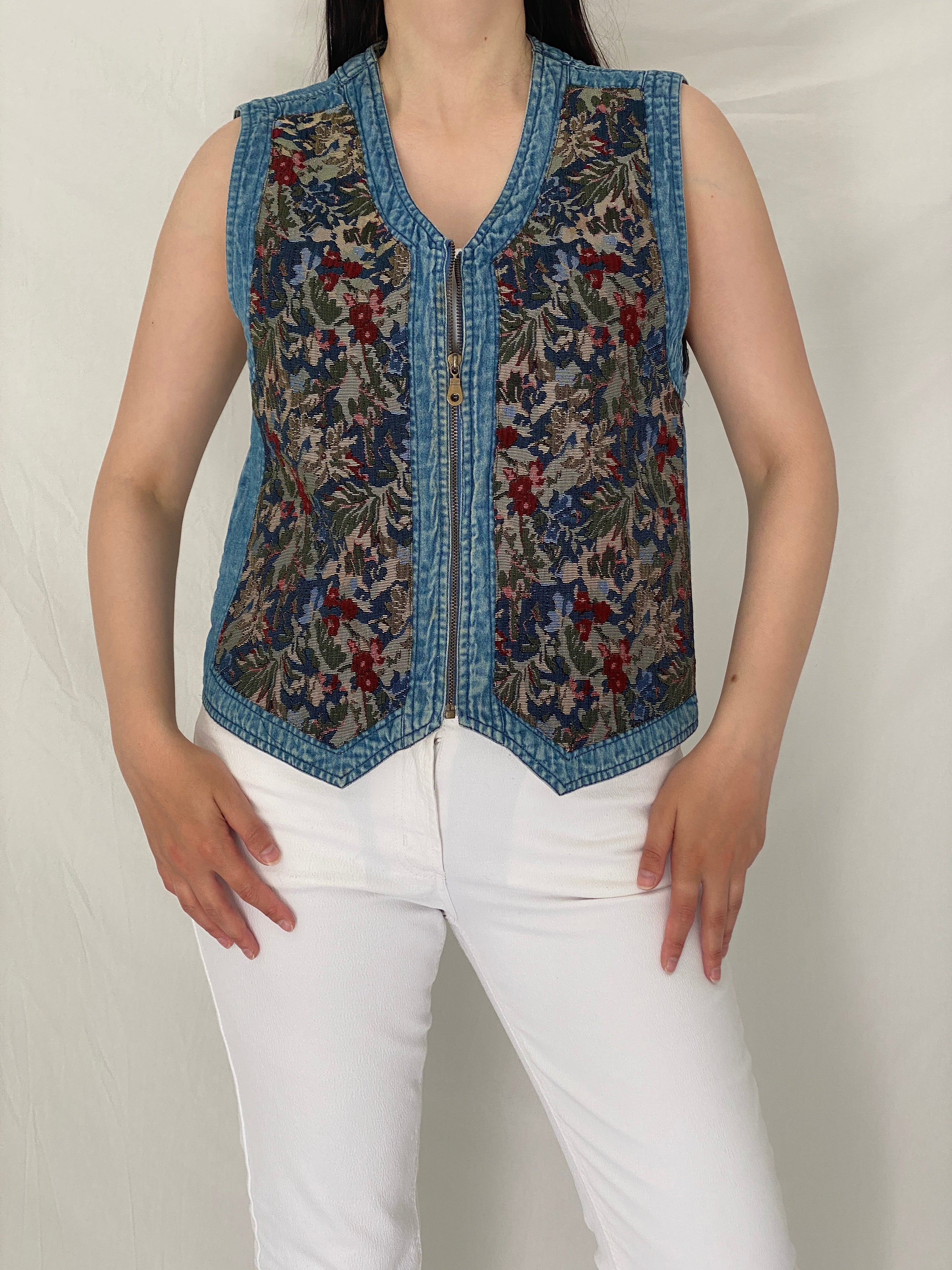 Vintage New Direction 90s Floral Tapestry Denim Vest Zip Up Waistcoat – L