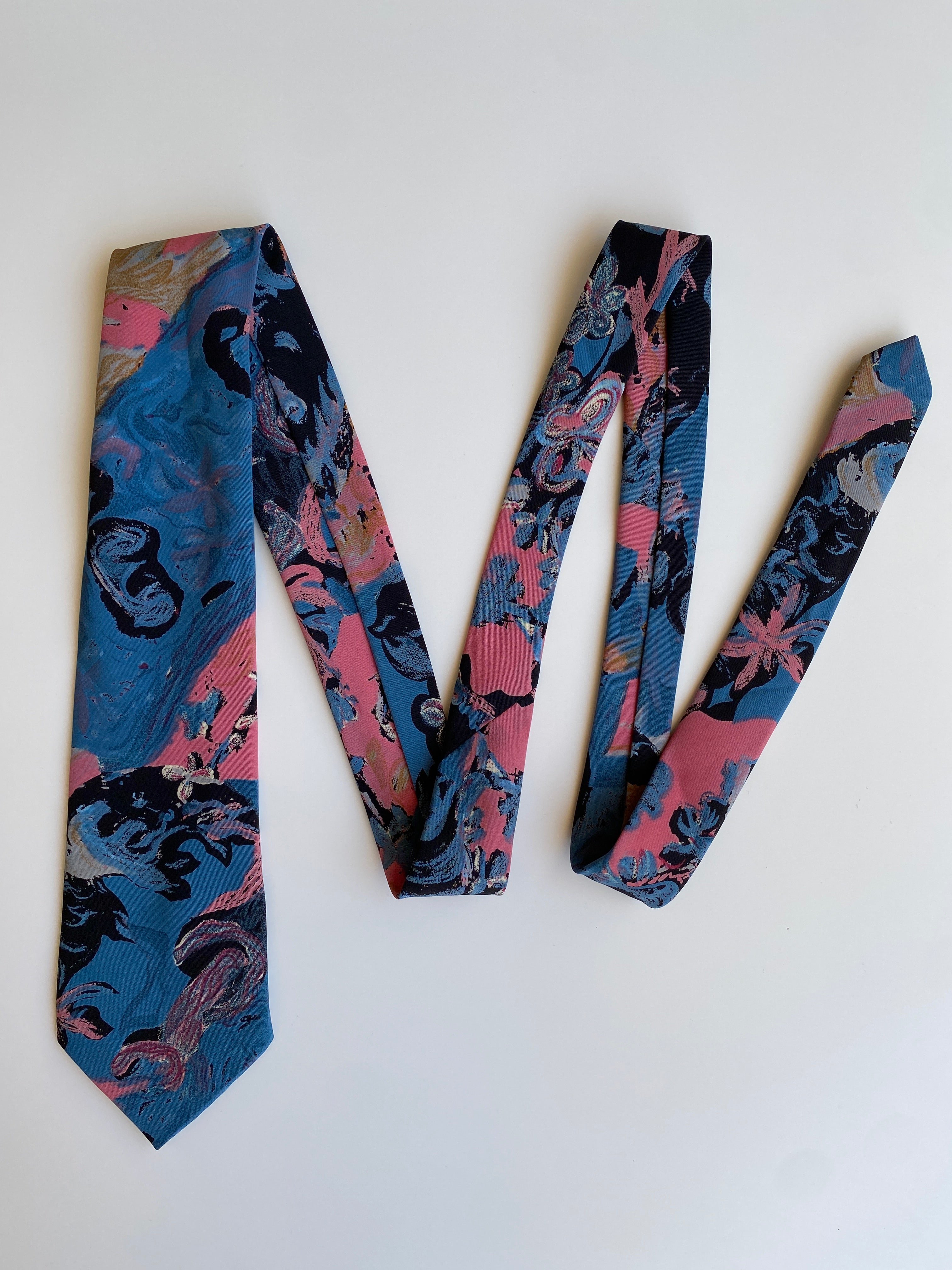 Vintage 1990s Made in Germany Blue Pink Abstract Floral Necktie
