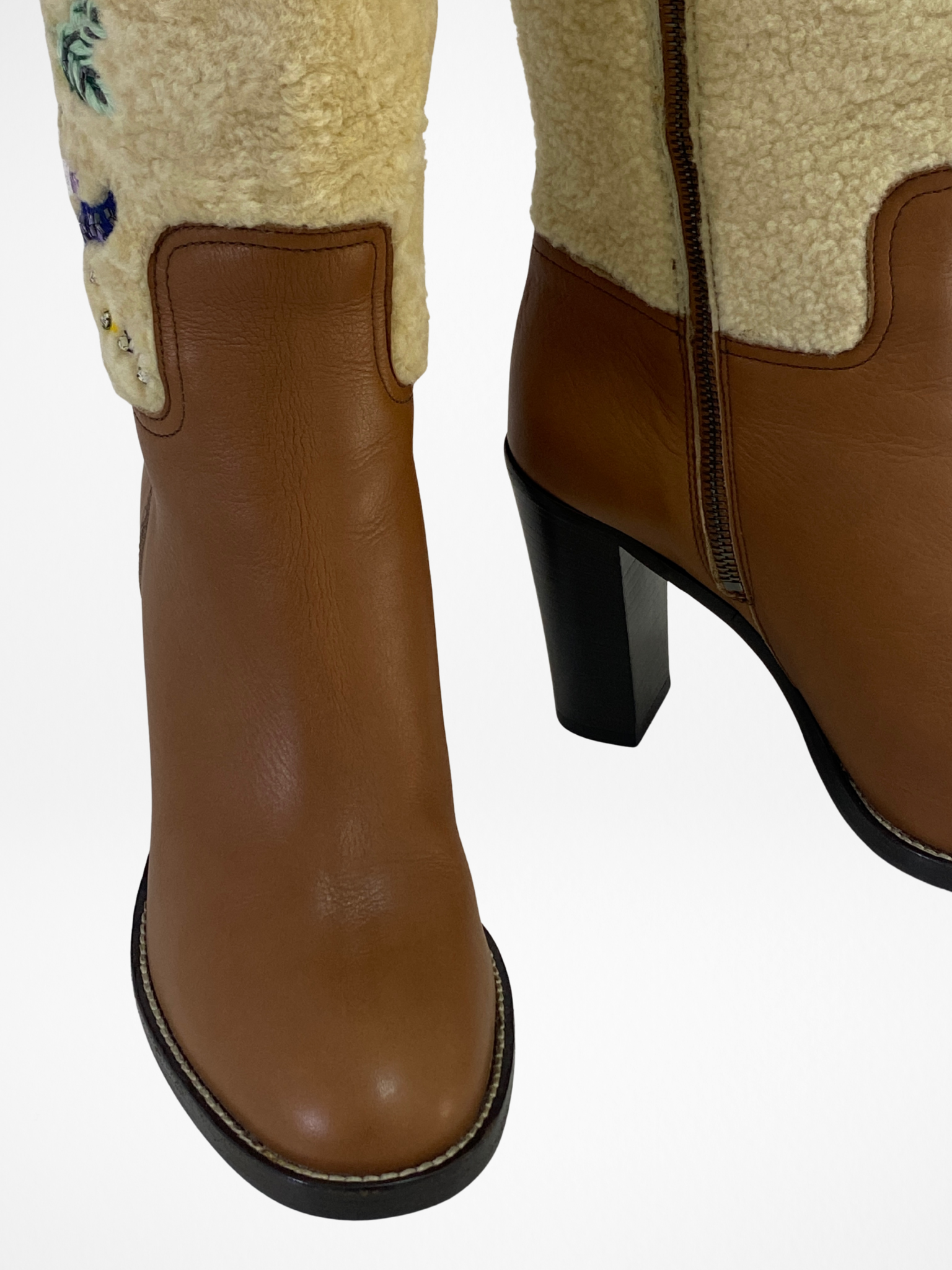 Vintage Miu Miu Brown Leather & Shearling Embroidered Knee-High Boots Block Heel - EU 38.5