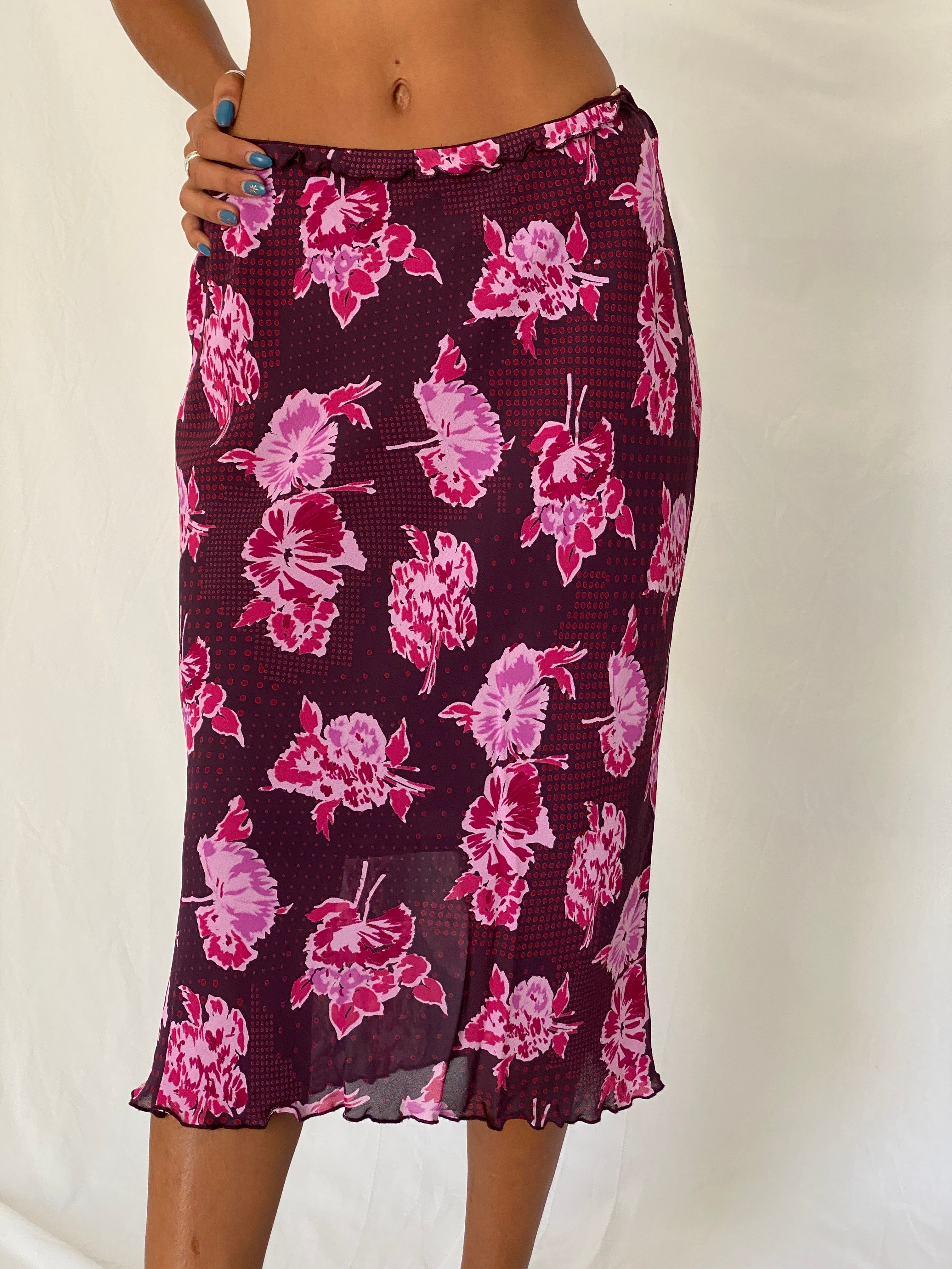 Vintage Y2K Caroll Paris Burgundy Pink Viscose Floral Midi Skirt – M