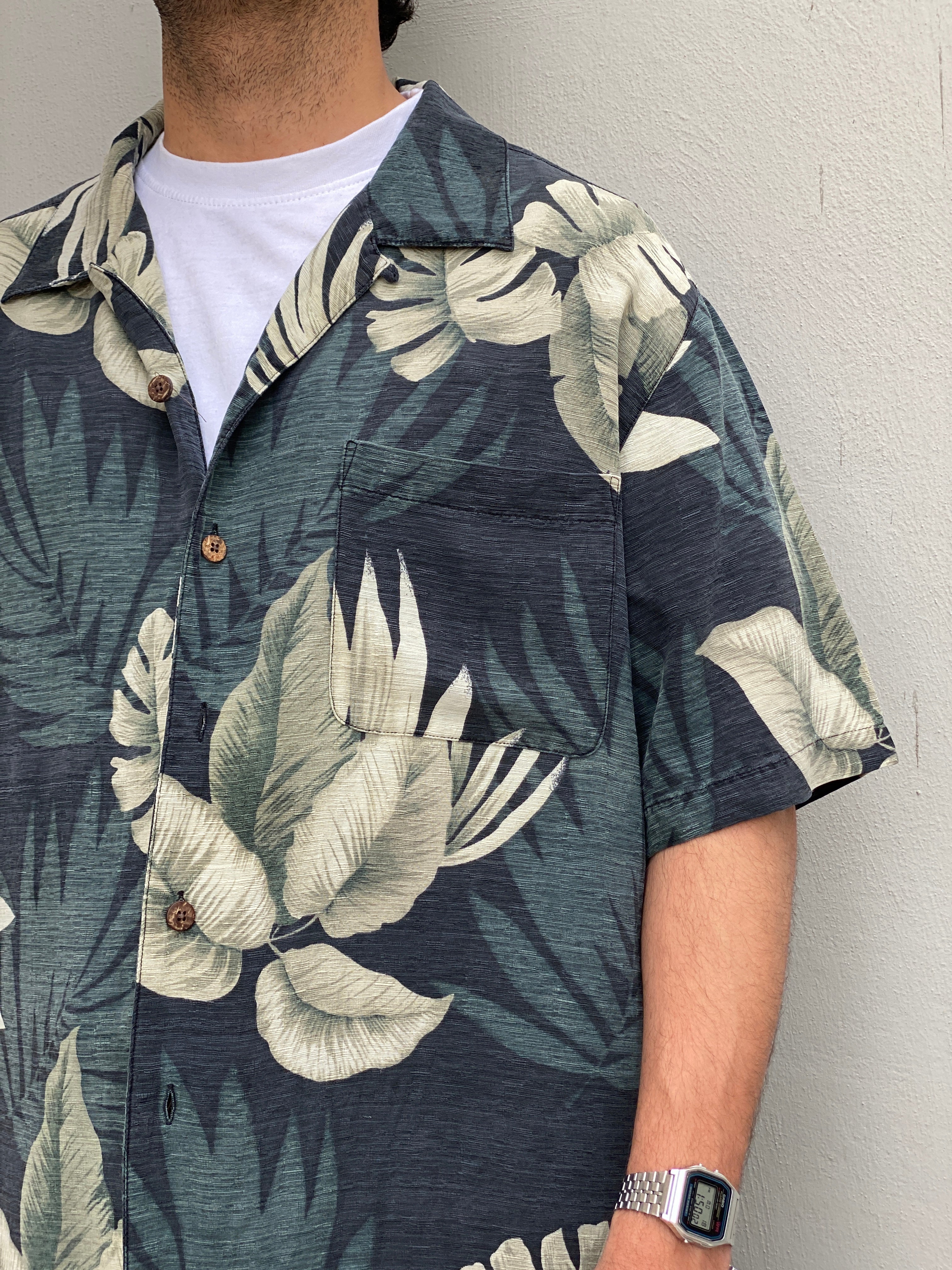 Vintage Havana Jacks Café Tropical Leaf Print Silk Hawaiian Shirt – XL