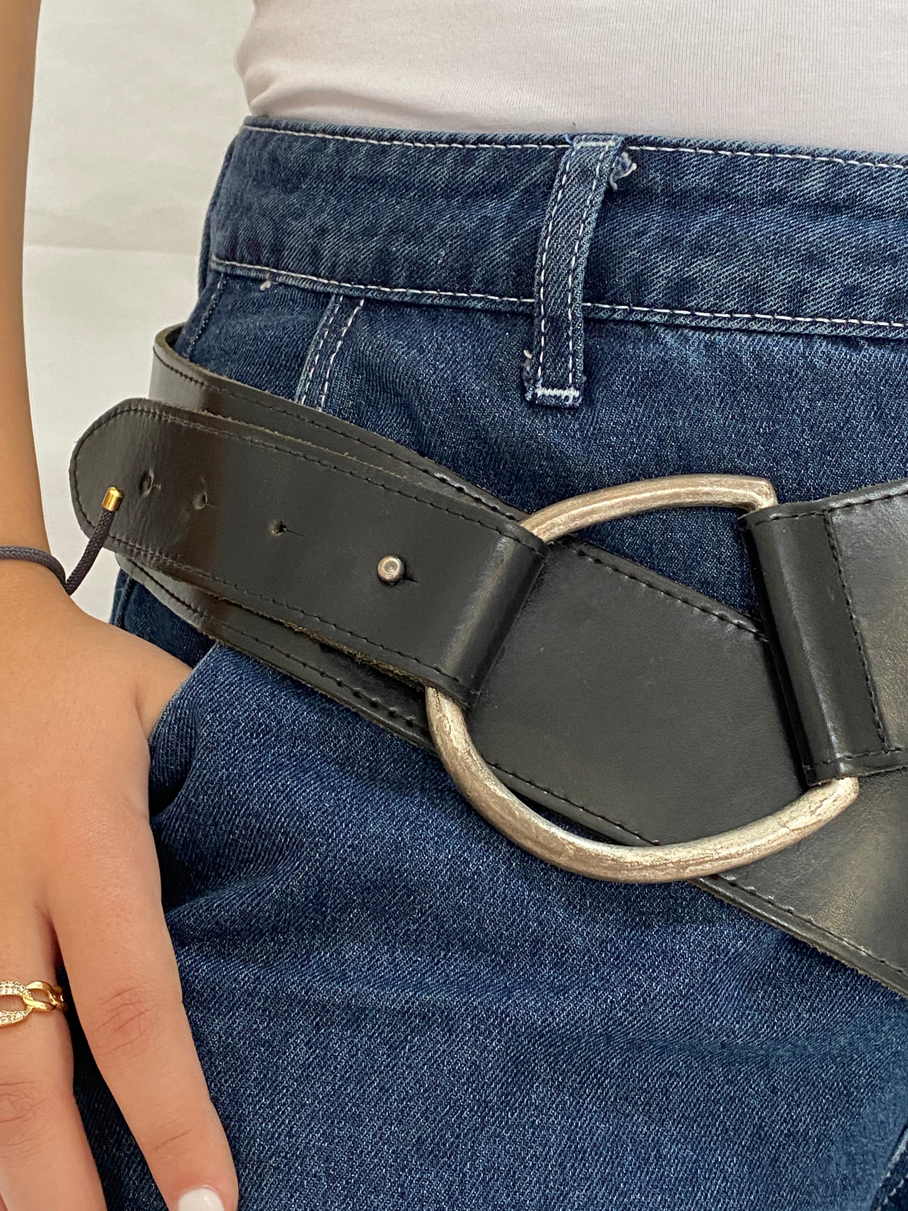 Vintage Black Wide Genuine Leather Belt Oversized Silver Ring Buckle Y2K Belt