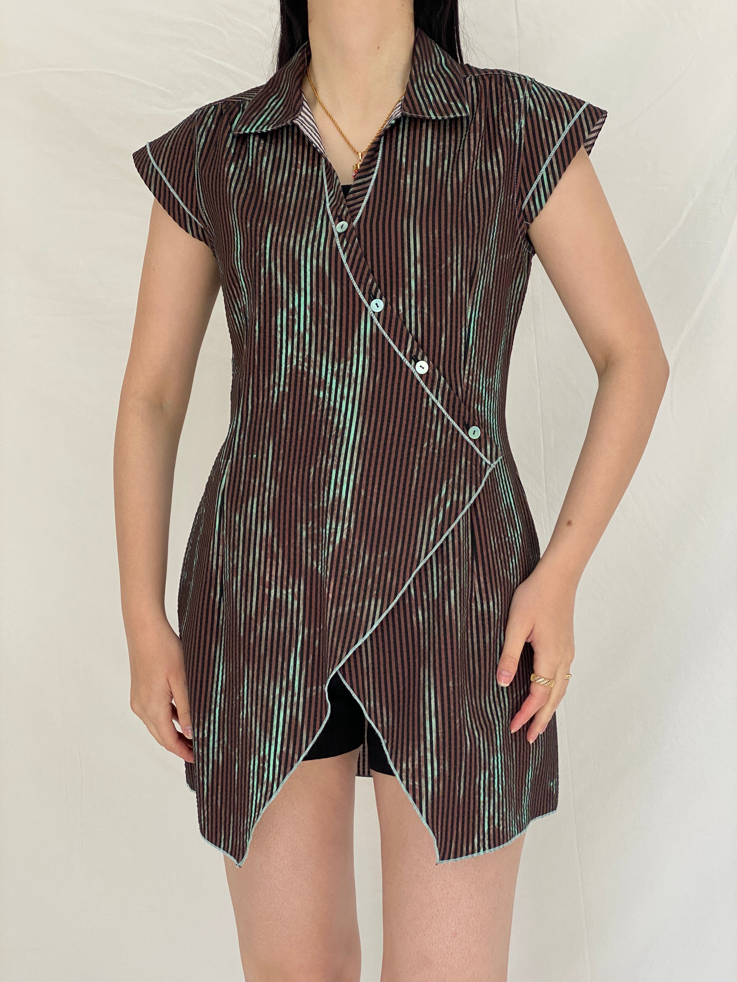 Vintage Y2K Quattro Asymmetrical Striped Wrap Cotton Blend Top with Contrast Stitching - S