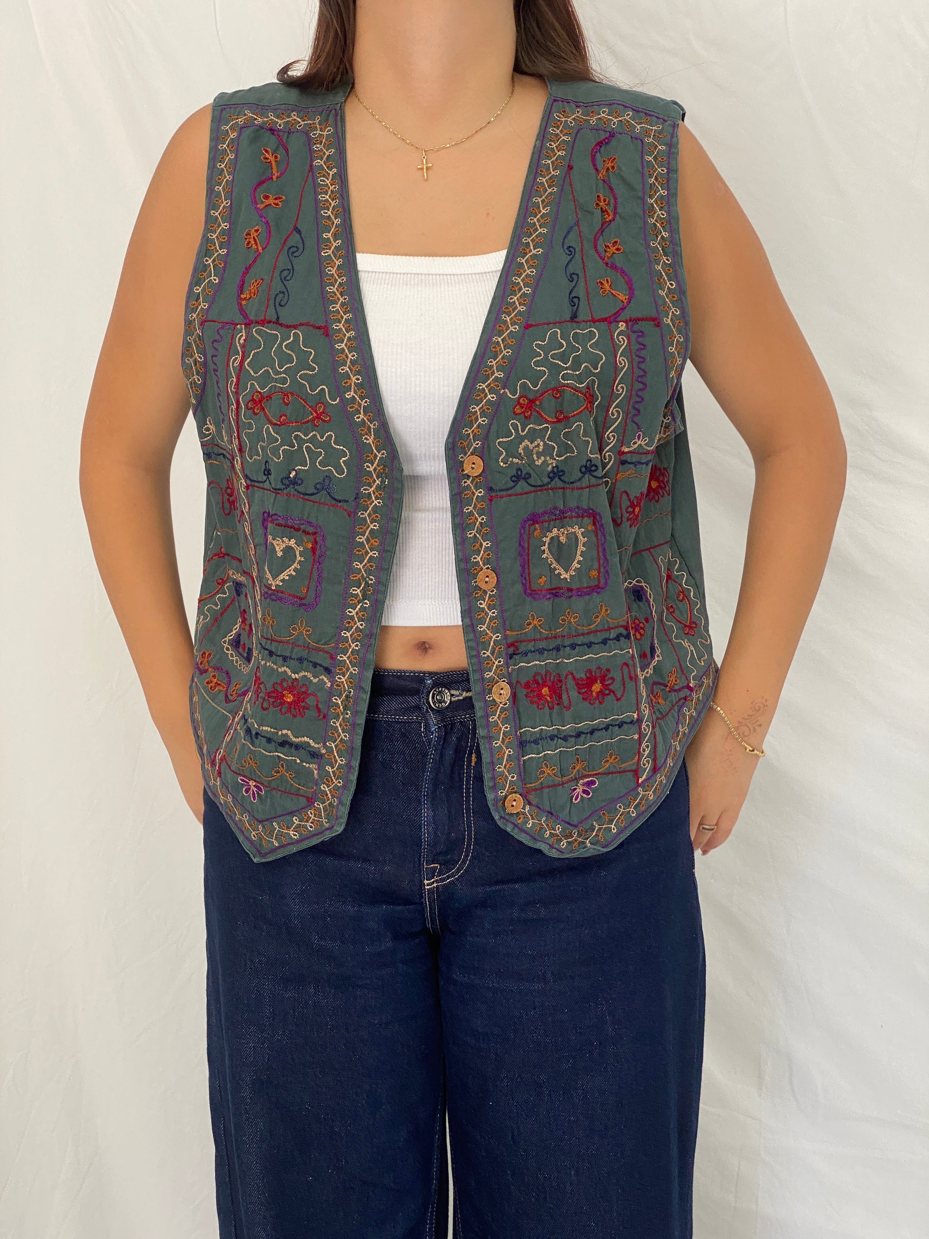 Vintage Weekend Provisions Sage Green Cotton Embroidered Boho Vest – XL