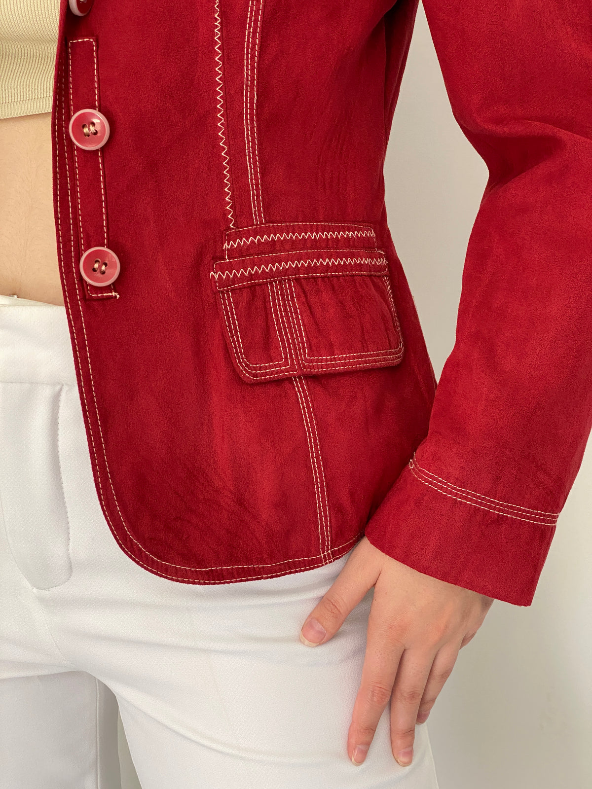 Vintage Baroness Woman Red Faux Suede Contrast Stitch Tailored Blazer – L