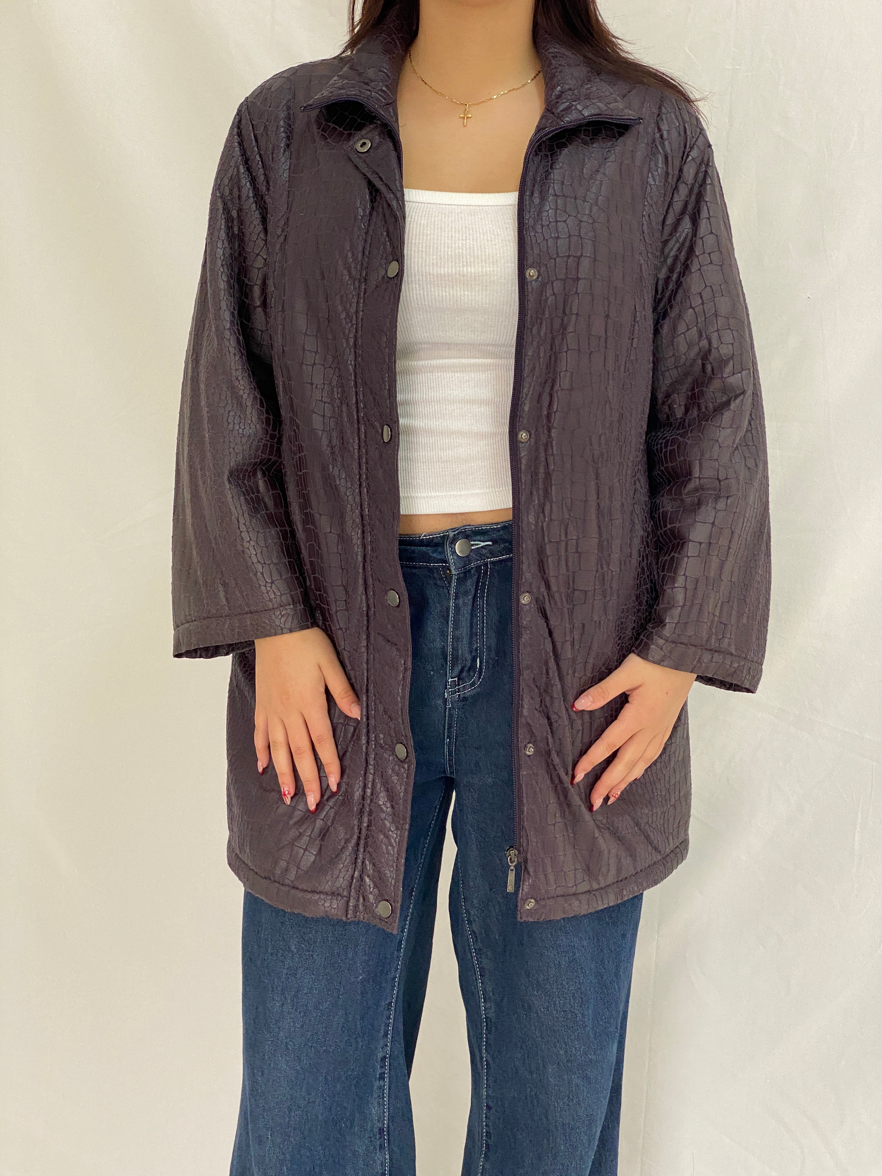 Vintage Purple Croc-Embossed Textured Longline Jacket Button-Up Coat - L