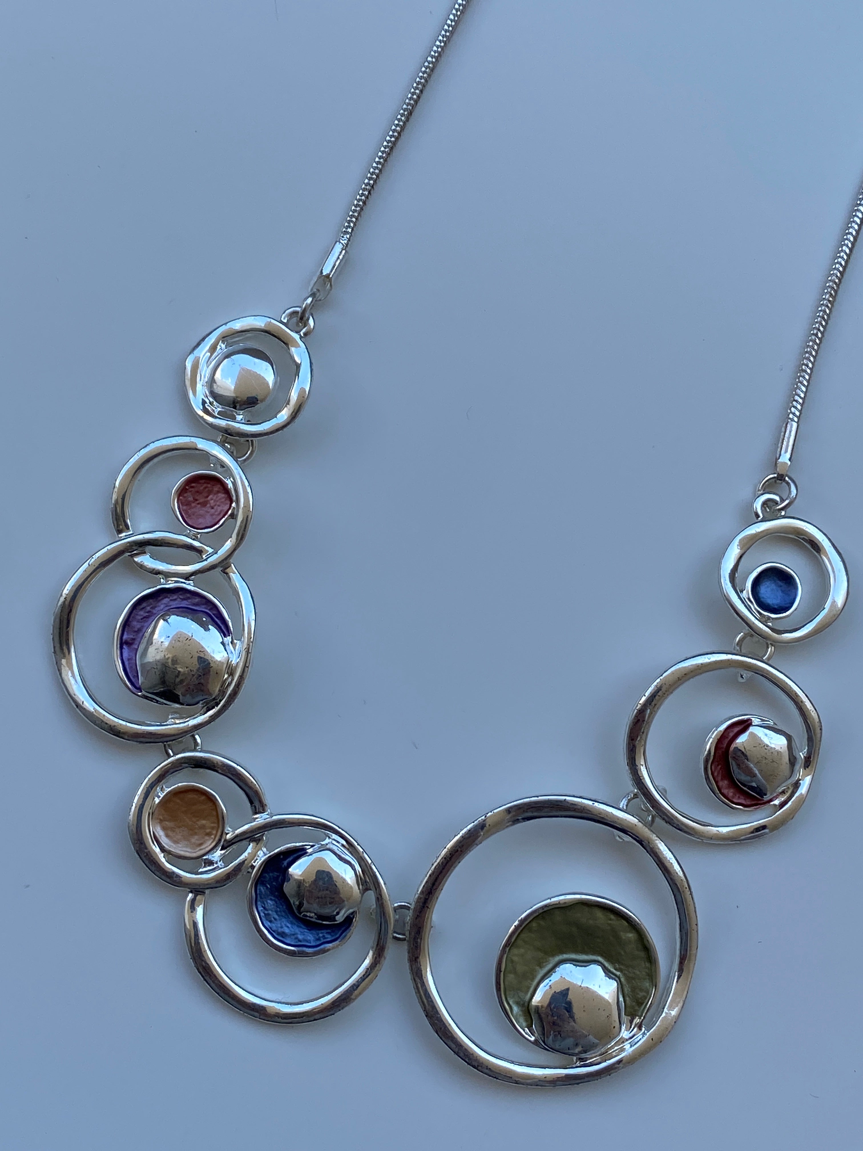 Vintage 2000s Silver Tone Abstract Circle Statement Multicolor Inlay Necklace