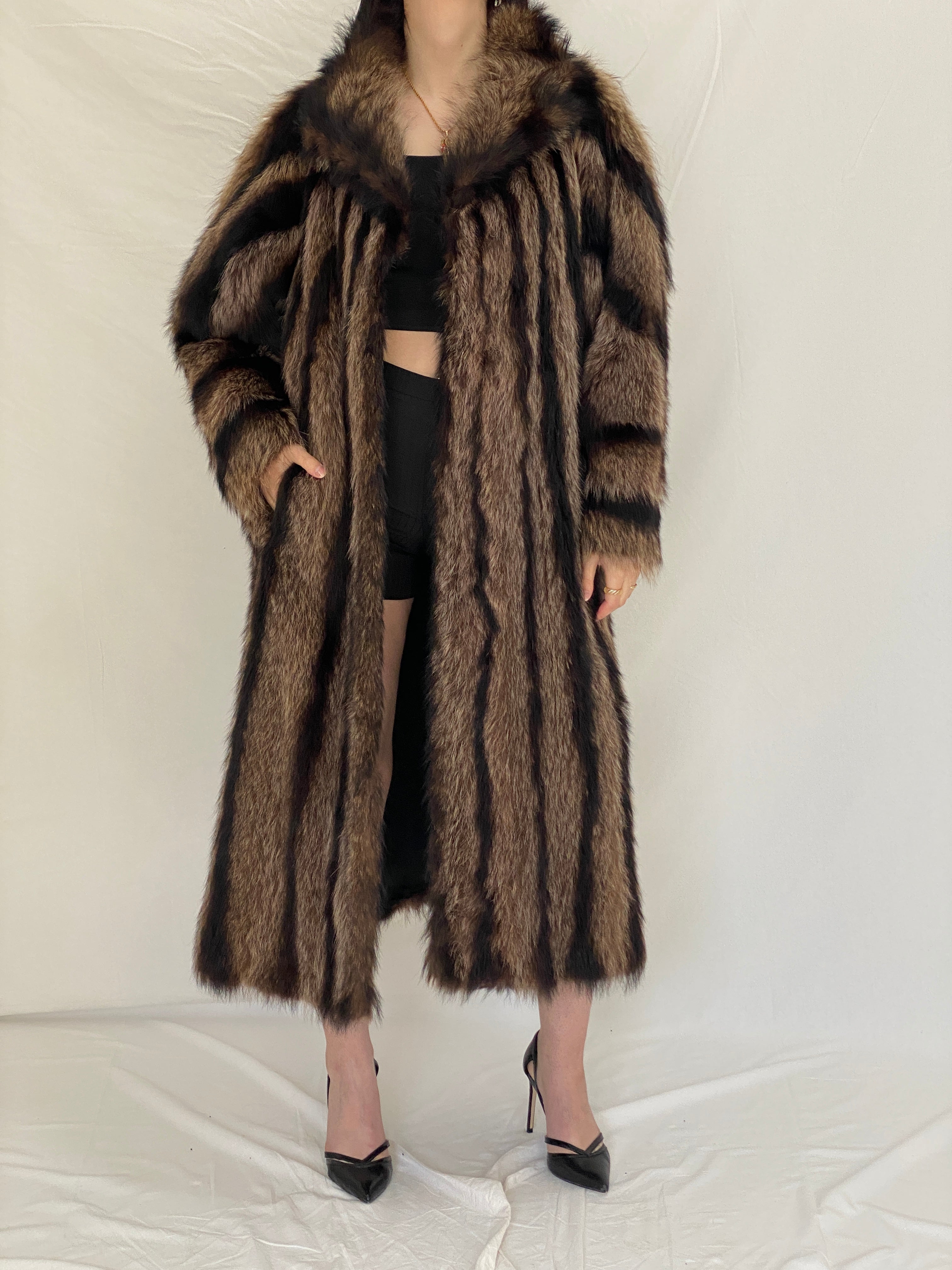 Vintage Handmade Real Raccoon Fur Brown Long Coat Luxury Statement Coat - L