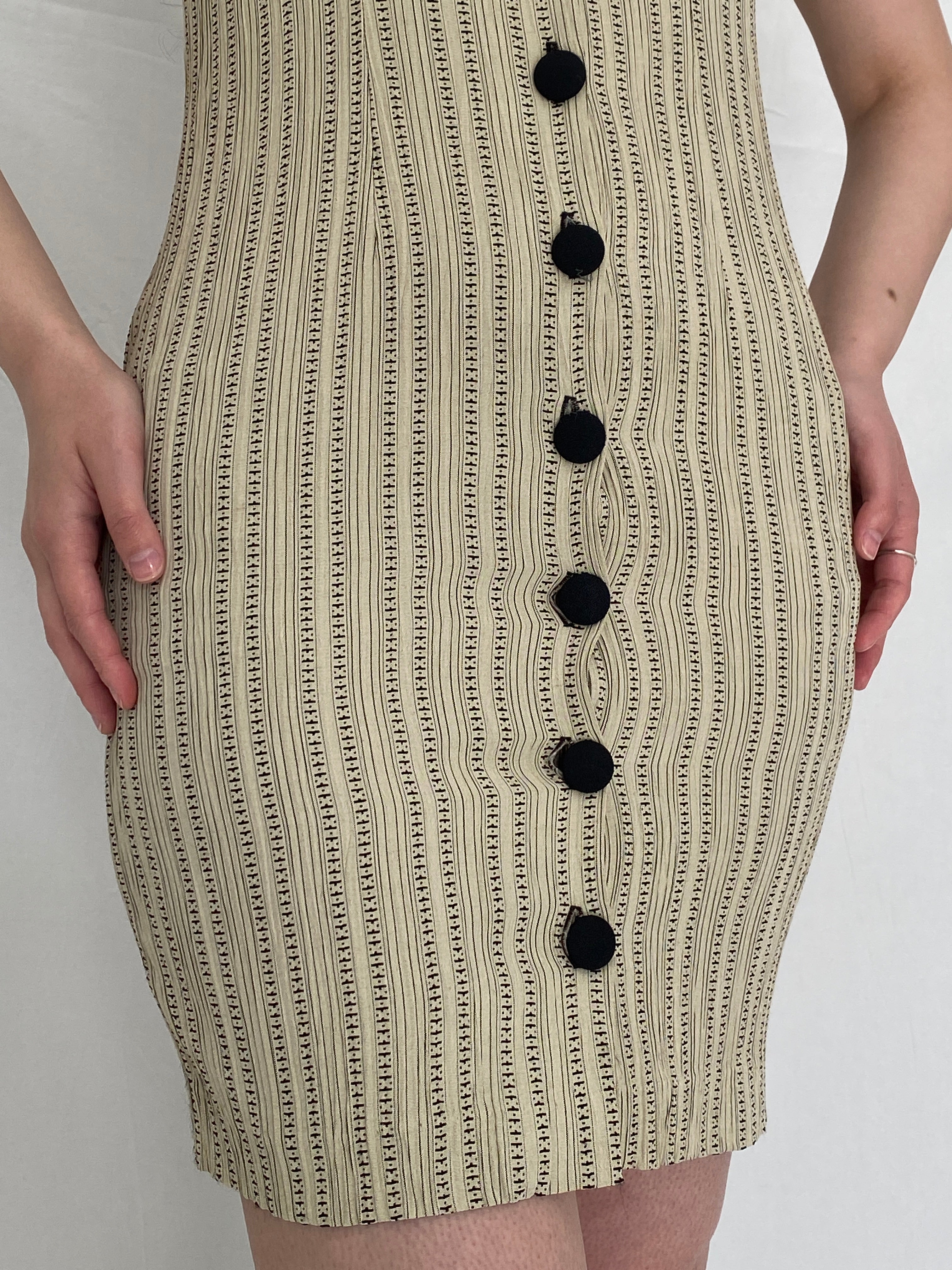 Vintage 90s Dawn Joy Fashions Beige Patterned Fitted Mini Dress - S