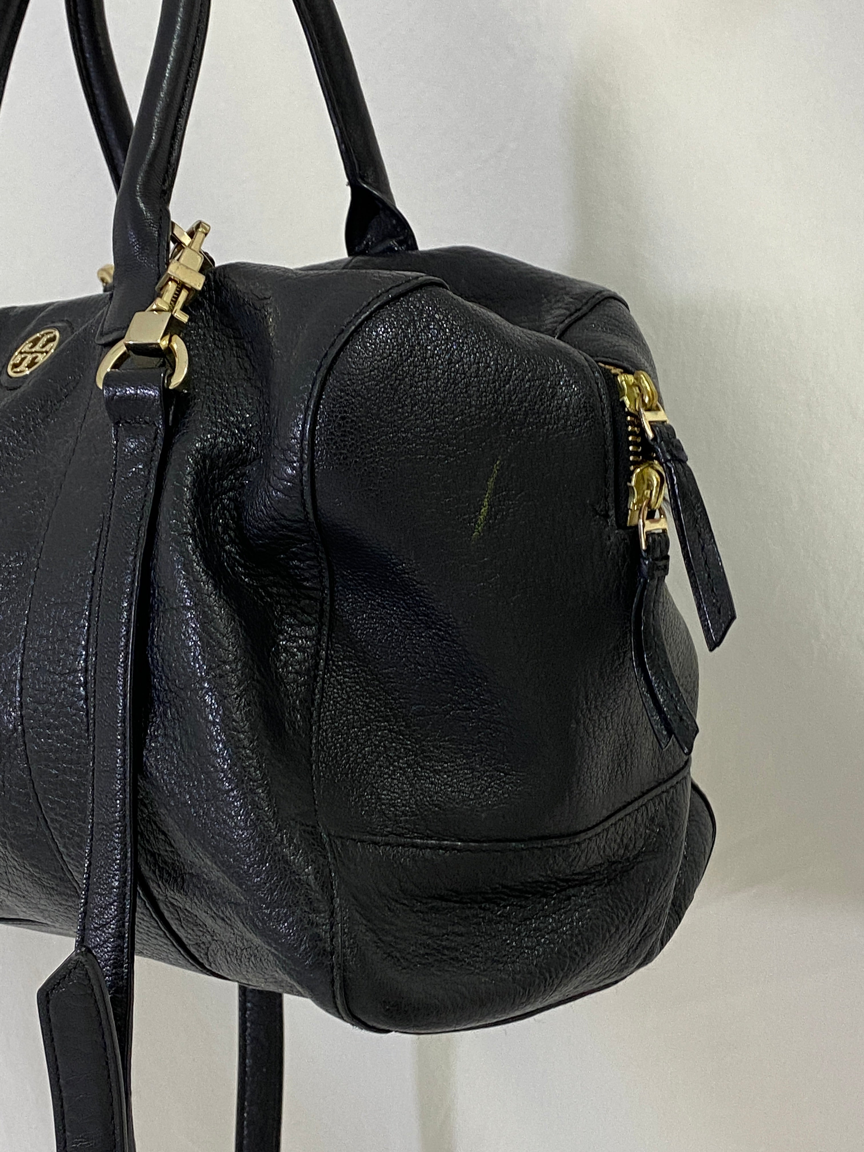 Tory Burch Marion Black Pebbled Leather Satchel Bowler Bag with Gold Hardware