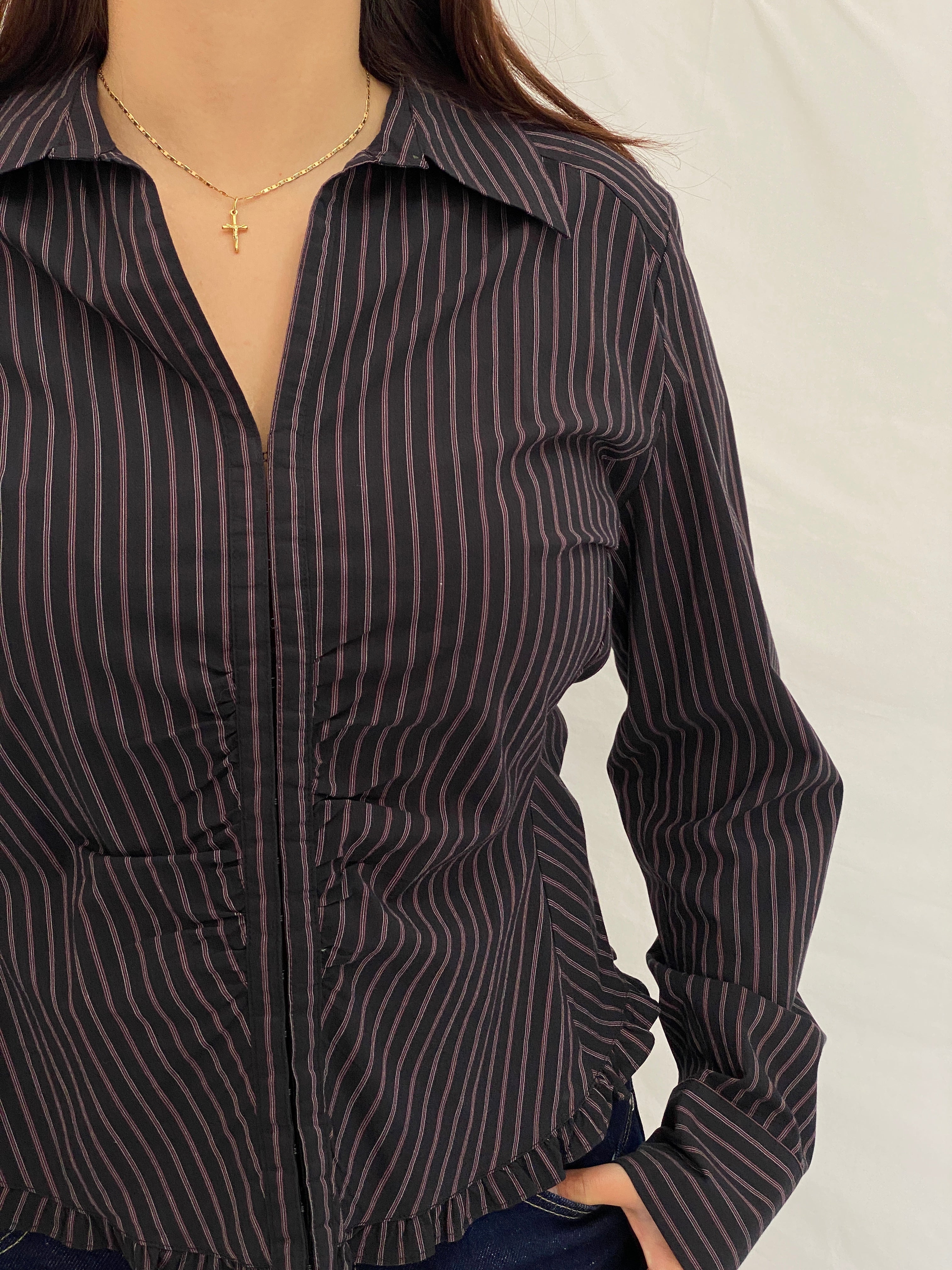 Vintage Y2K RW & Co. Black Pink Pinstripe Ruched Ruffle Zip-Up Blouse - XL