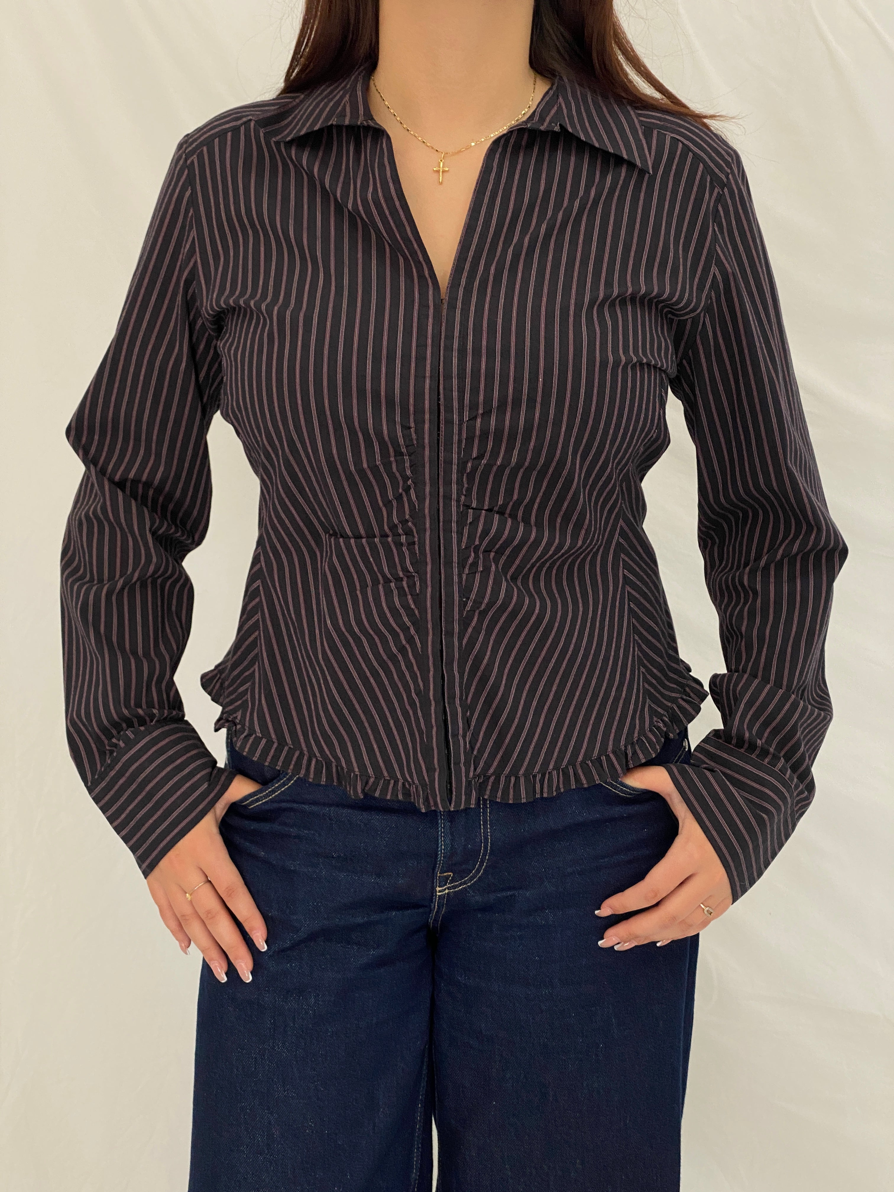 Vintage Y2K RW & Co. Black Pink Pinstripe Ruched Ruffle Zip-Up Blouse - XL
