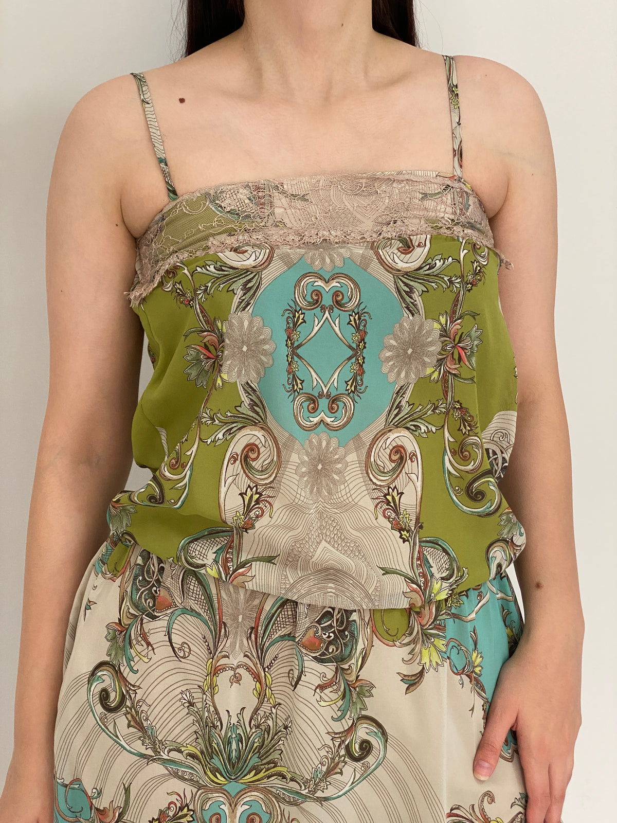 Y2K Rina Scimento Green Baroque Print Lace Trim Mini Dress – S