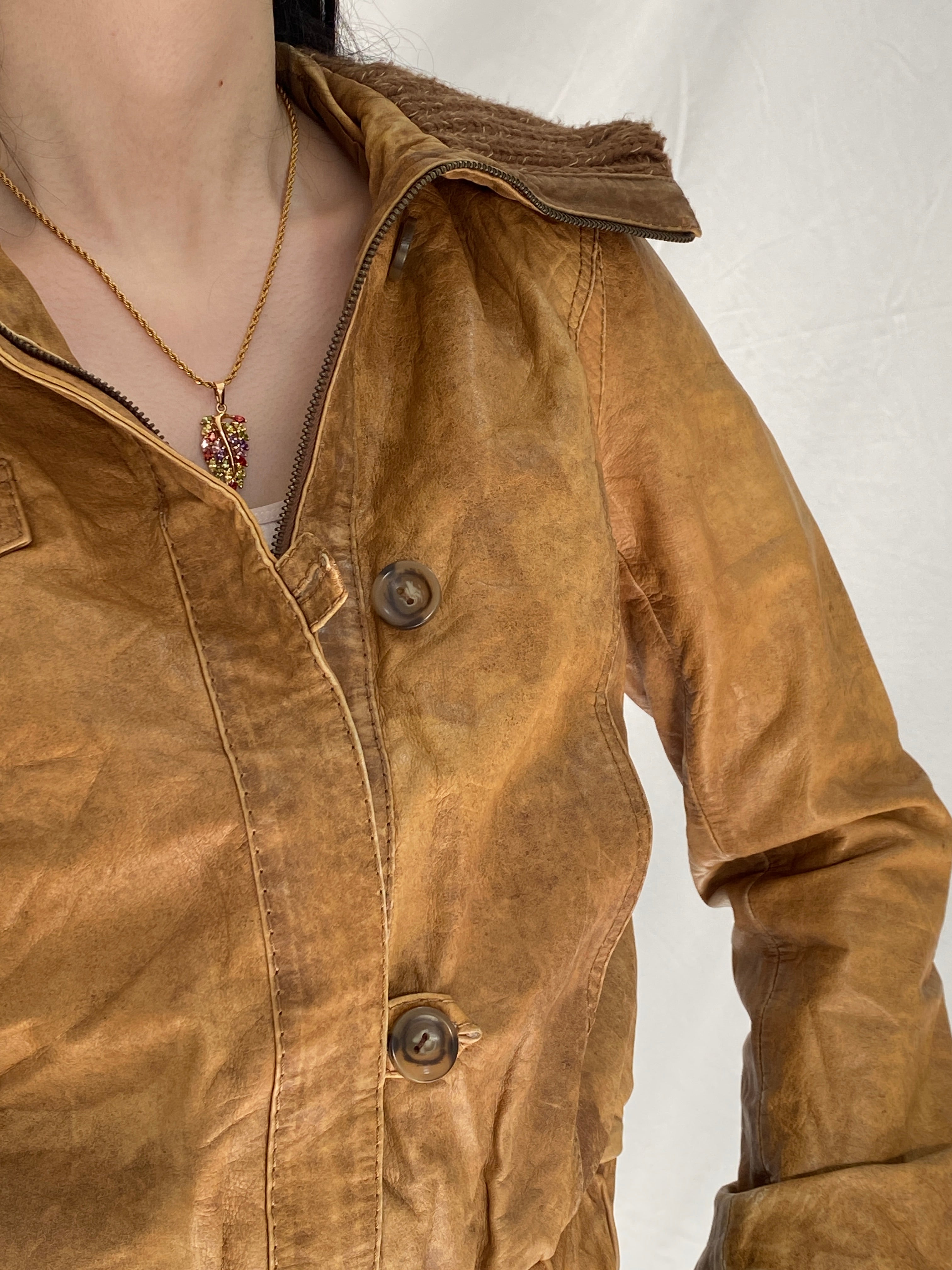 Y2K Jeim Basic Genuine Leather Tan Brown Distressed Cropped Jacket - S