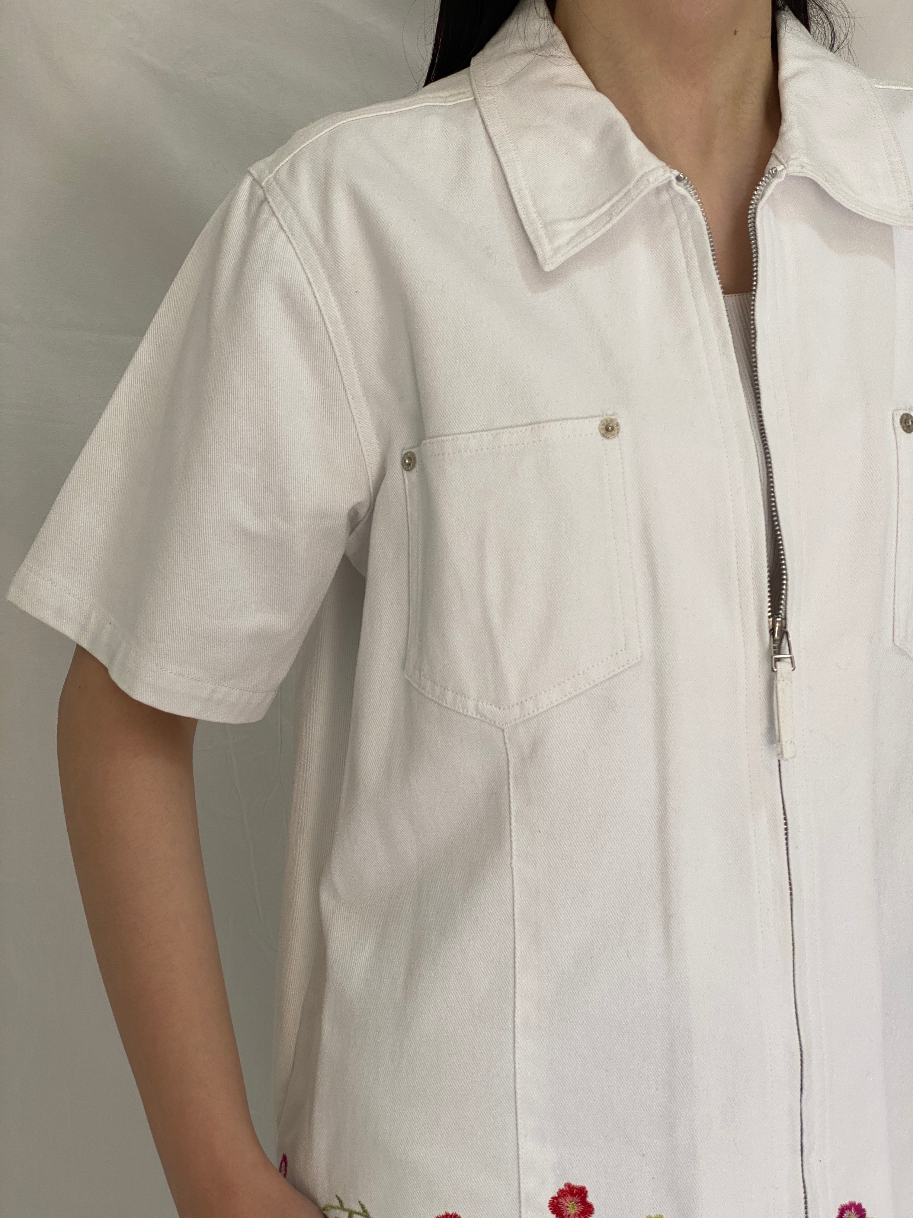 Vintage Denim & Co White Cotton Floral Embroidered Zip Shirt Jacket - L