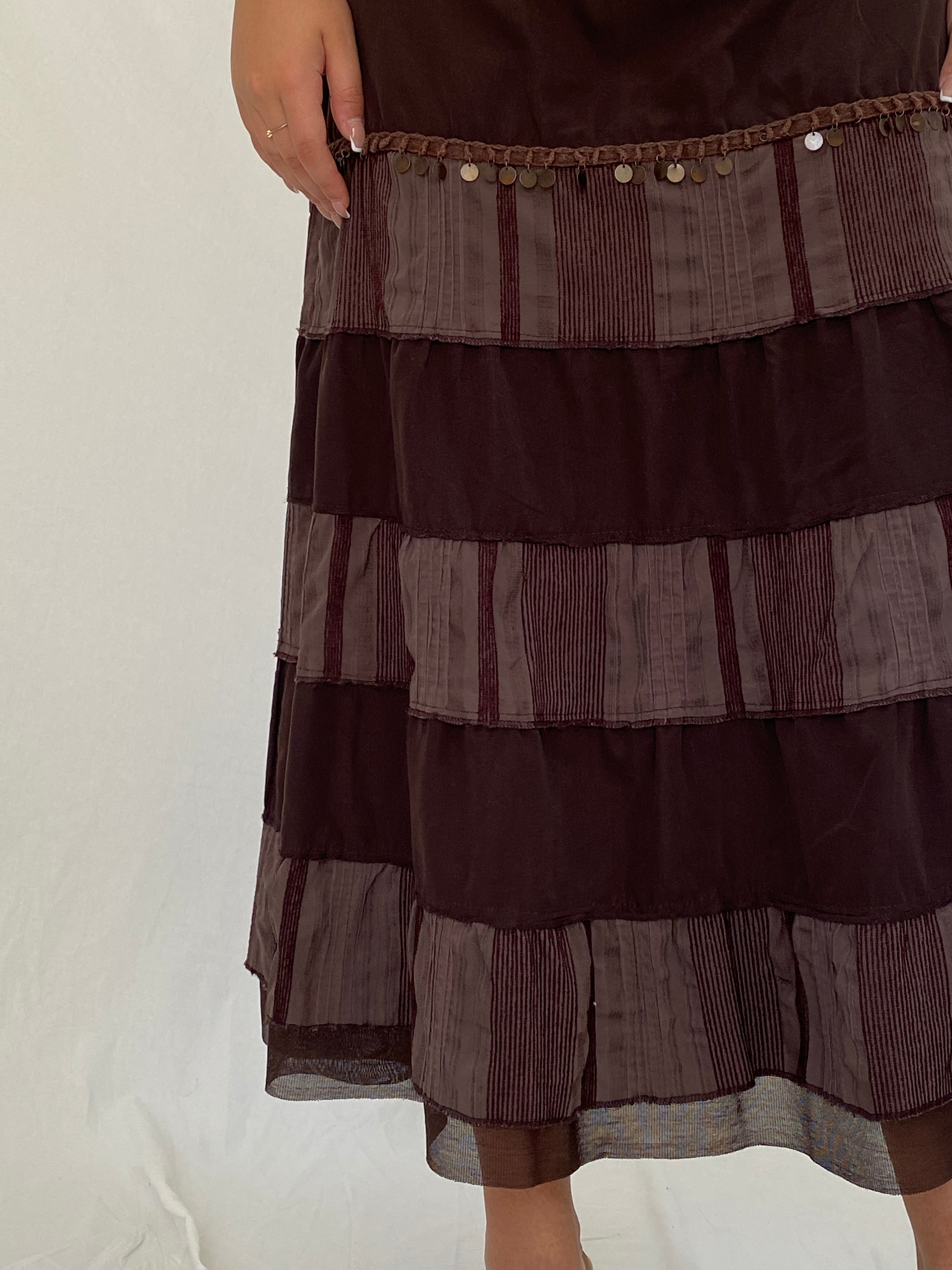 Vintage Y2K Boho CELAiA Brown Tiered Coin Trim Maxi Skirt – XL