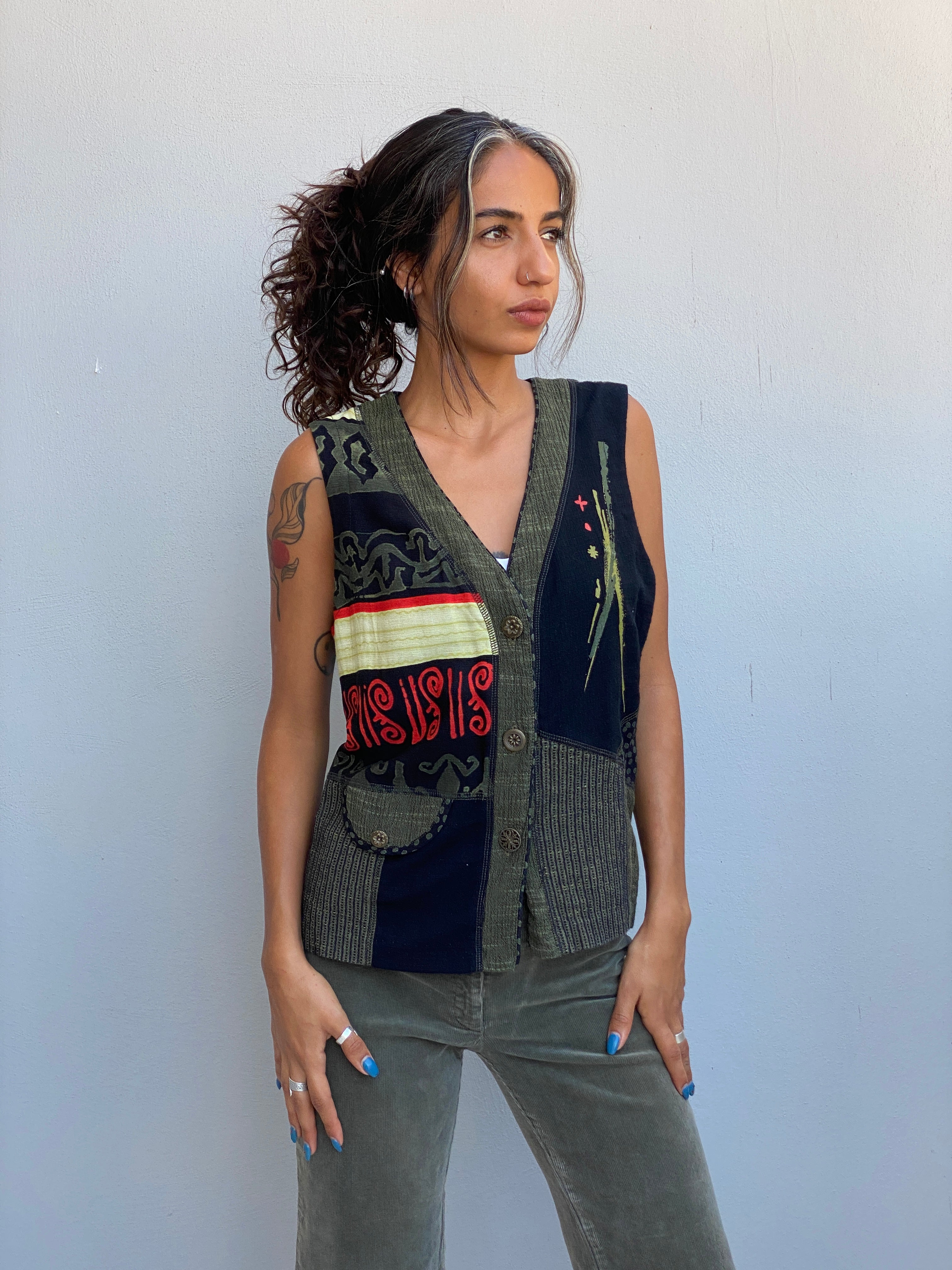 Vintage 90s Nancy Bolen Olive Green Patchwork Boho Vest – M