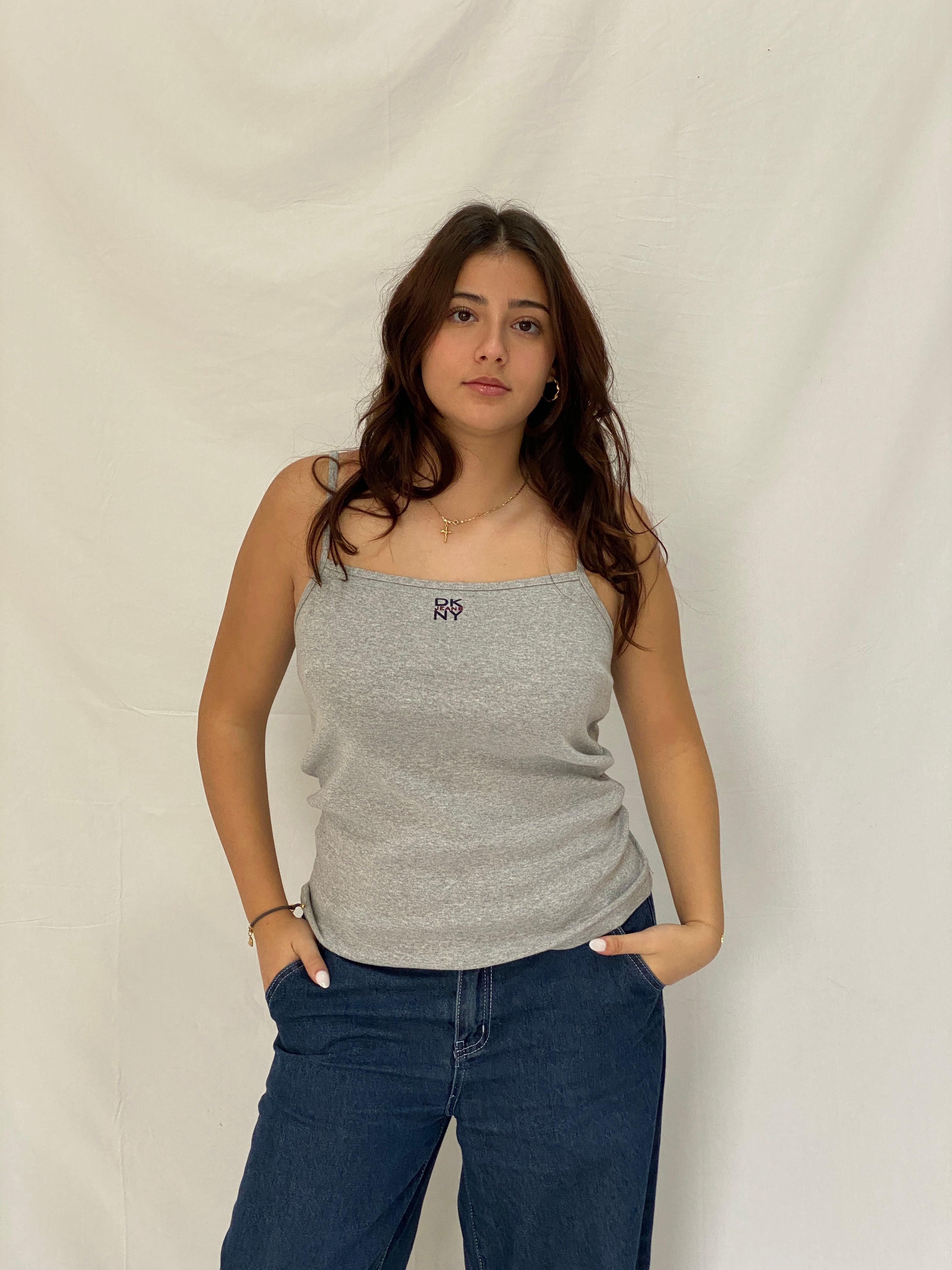 Vintage Y2K DKNY Grey Tank Top Minimalist Logo Cami, Stretchy Basic - M