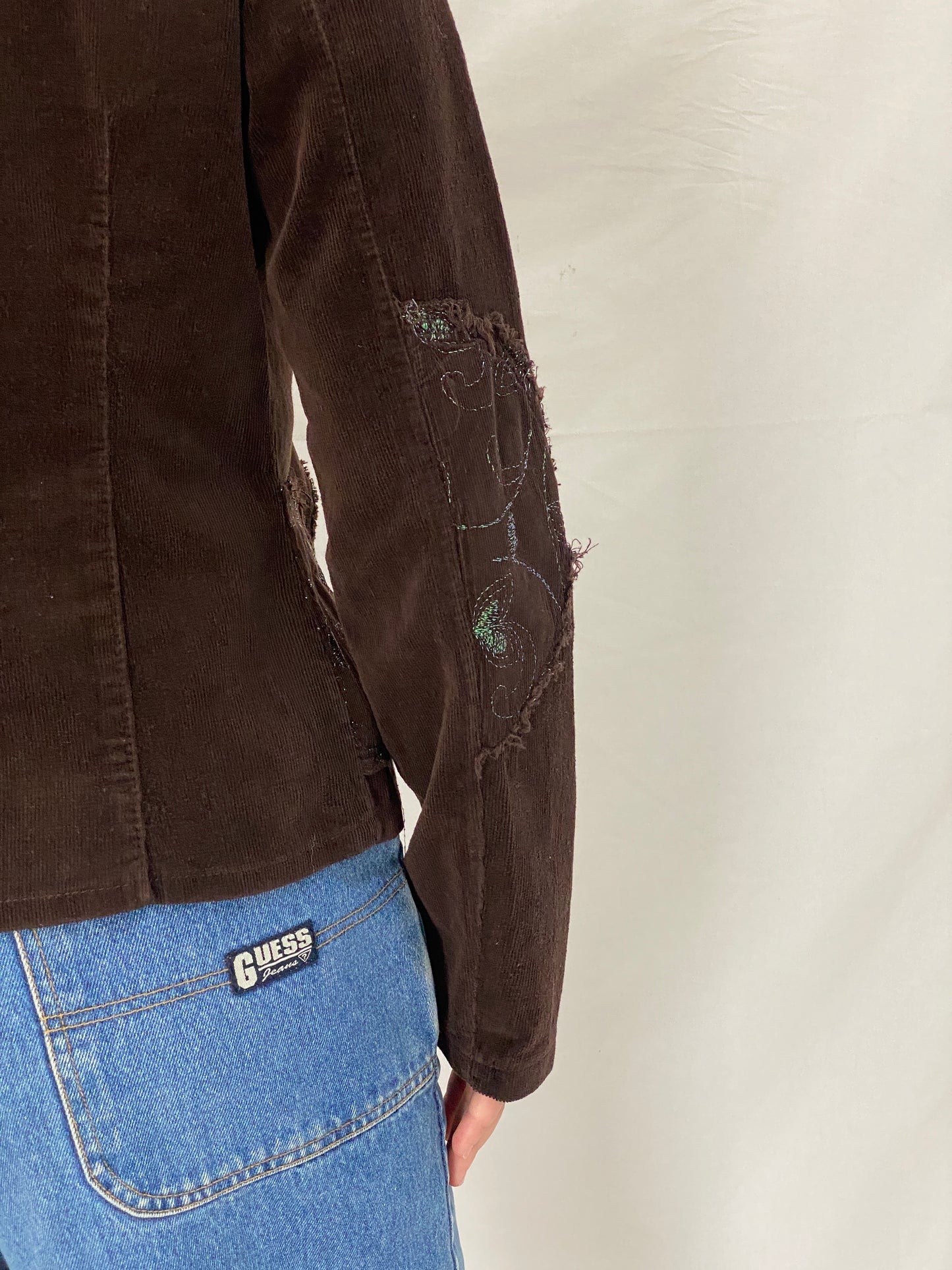 Vintage Y2K Italian Corduroy Blazer Chocolate Distressed Raw Edge Embroidered Jacket - S
