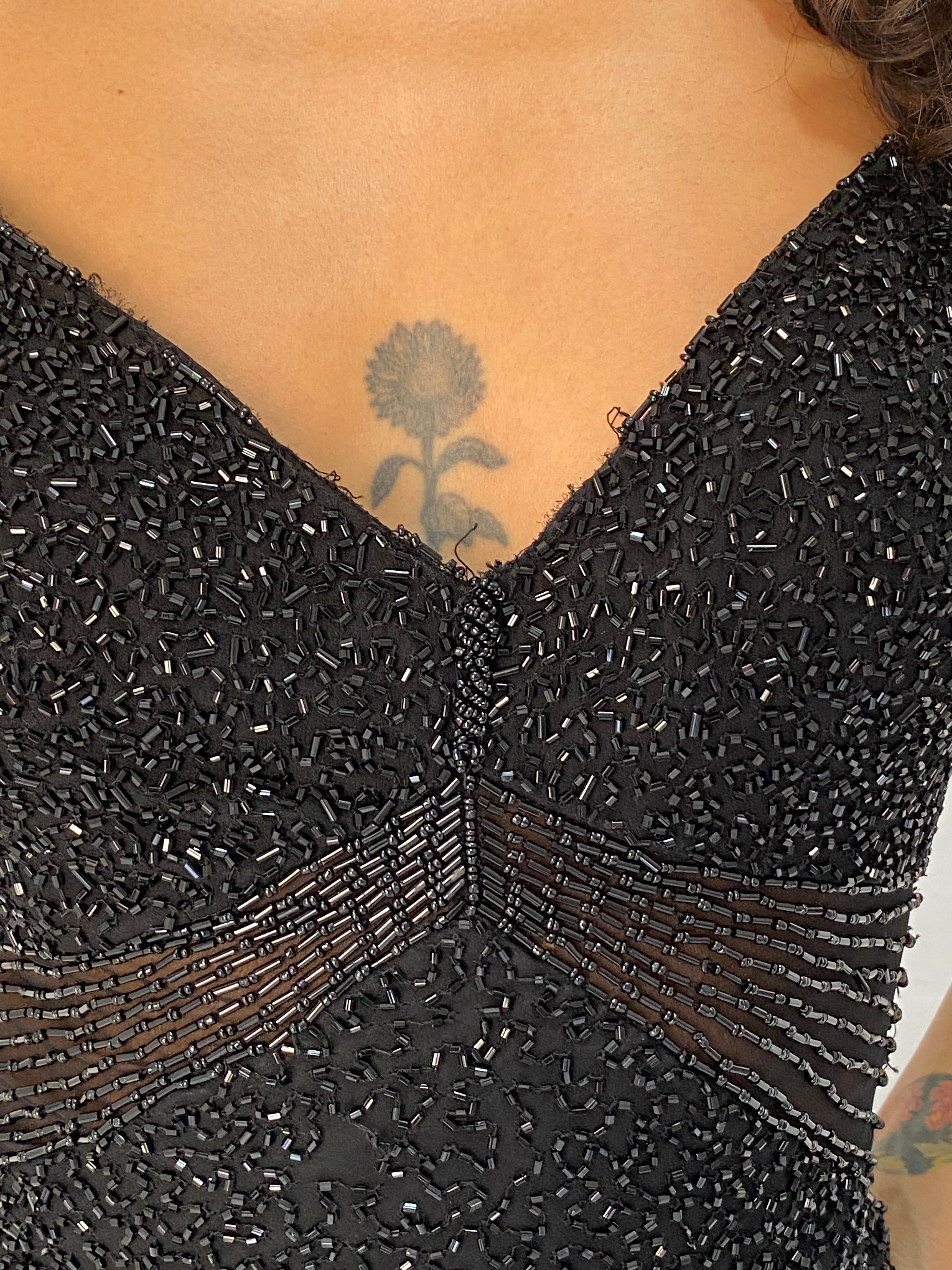Vintage Y2K Scala Black 100% Silk Beaded Sheer Waist Evening Midi Dress - S