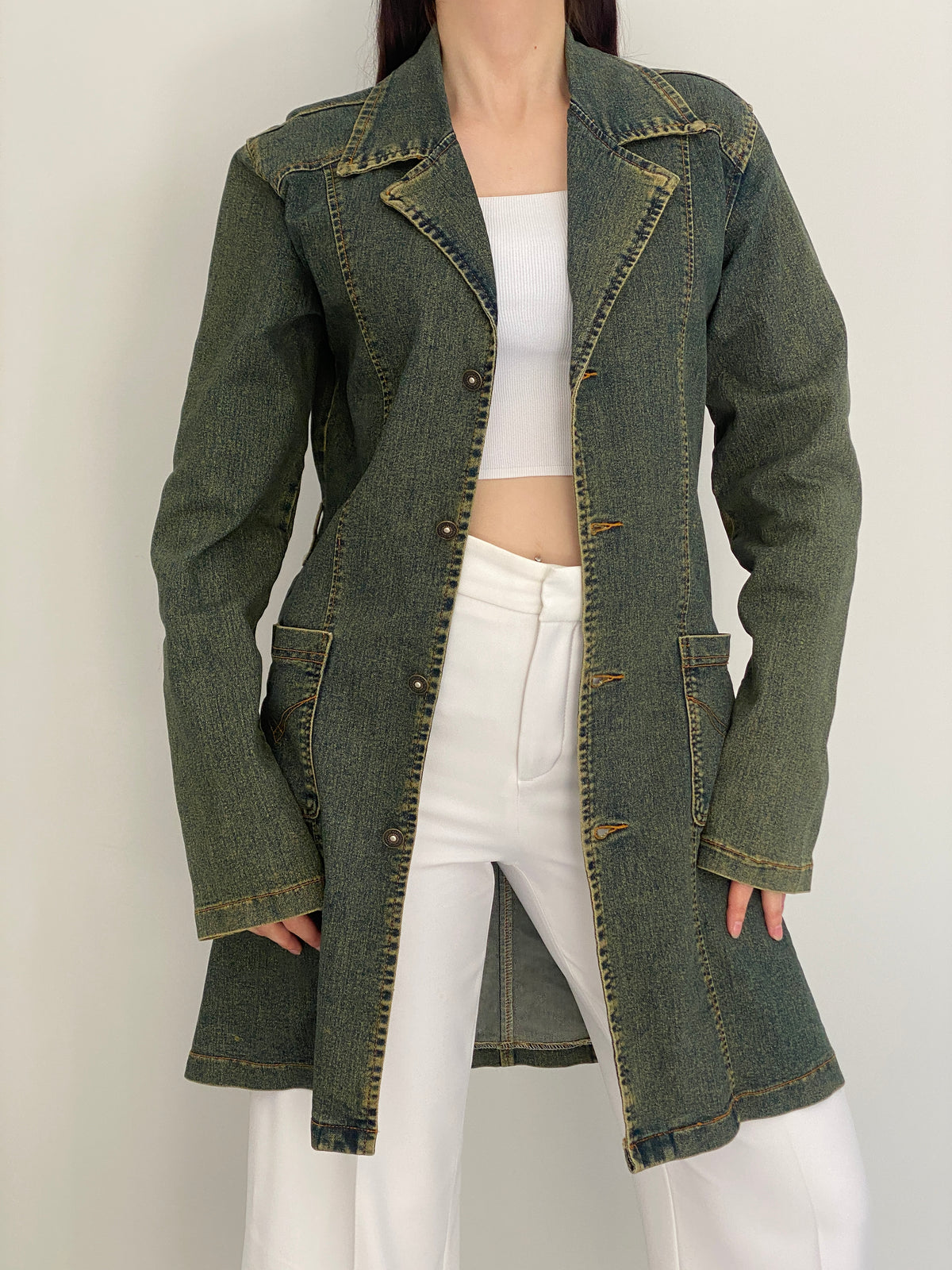 Vintage Y2K C&Y Classic Jeans Olive Blue Cotton Denim Longline Blazer Coat - XL