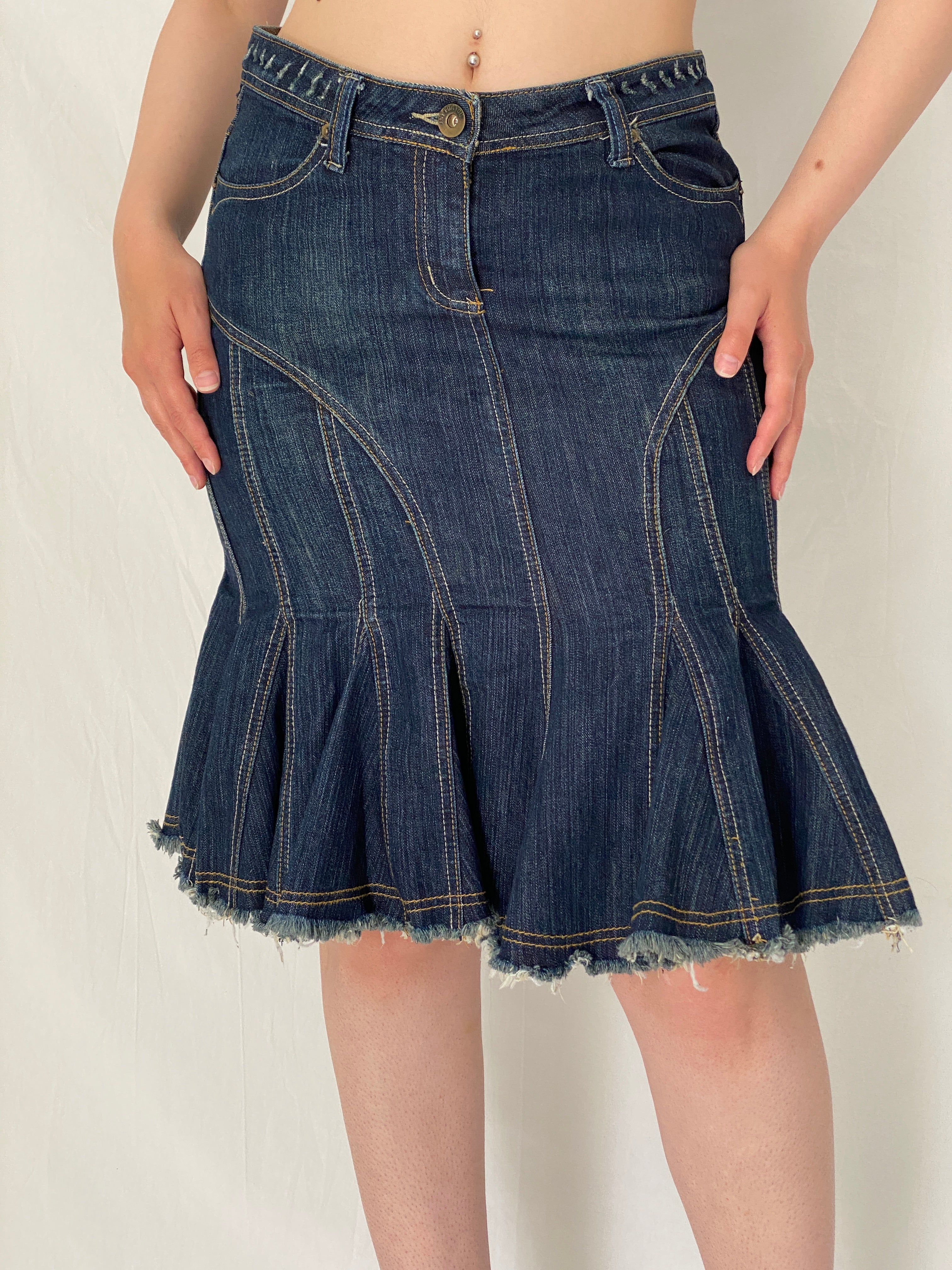 Y2K Jennyfer Dark Wash Ruffle Hem Denim Low Rise Flared Midi Skirt – S