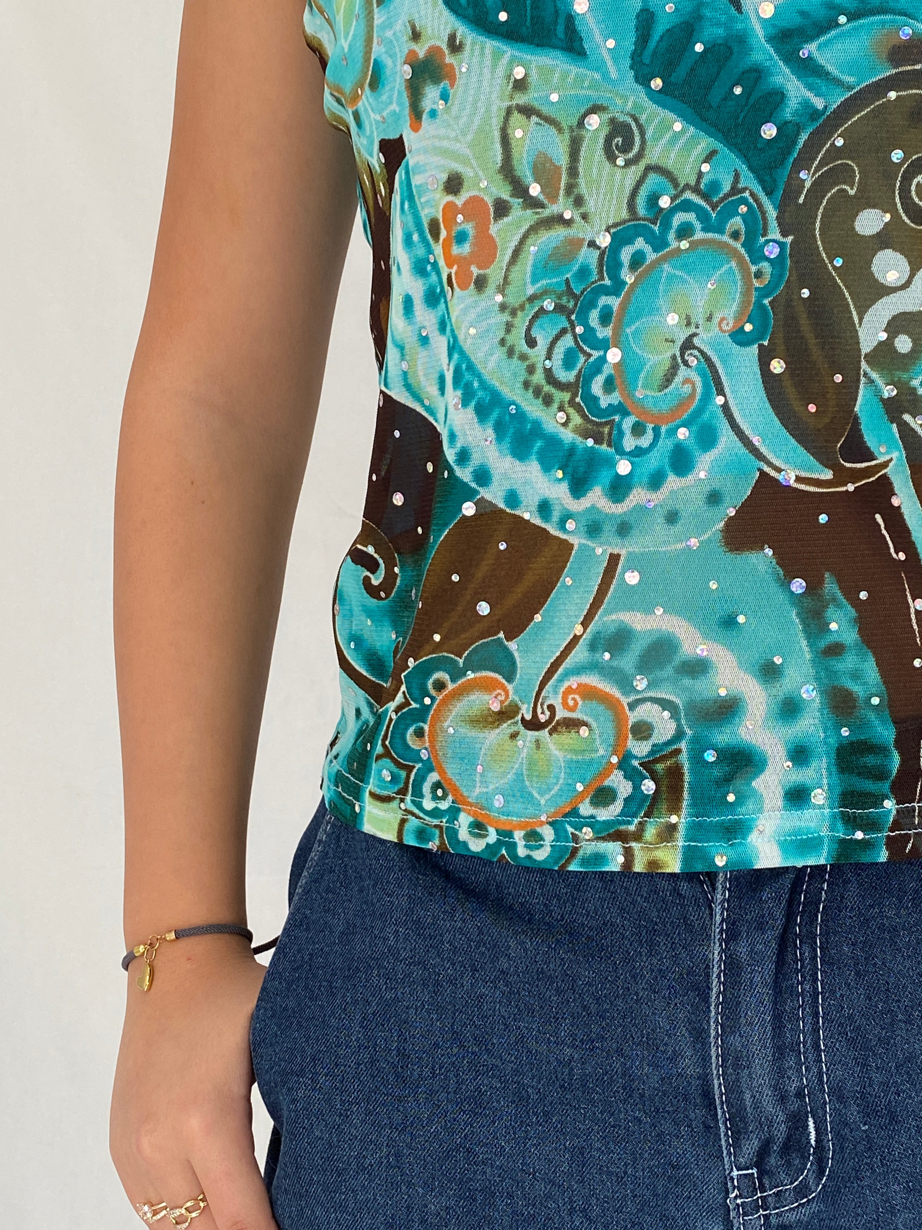 Y2K Abstract Turquoise Mesh Tank French Rhinestone Top – XL