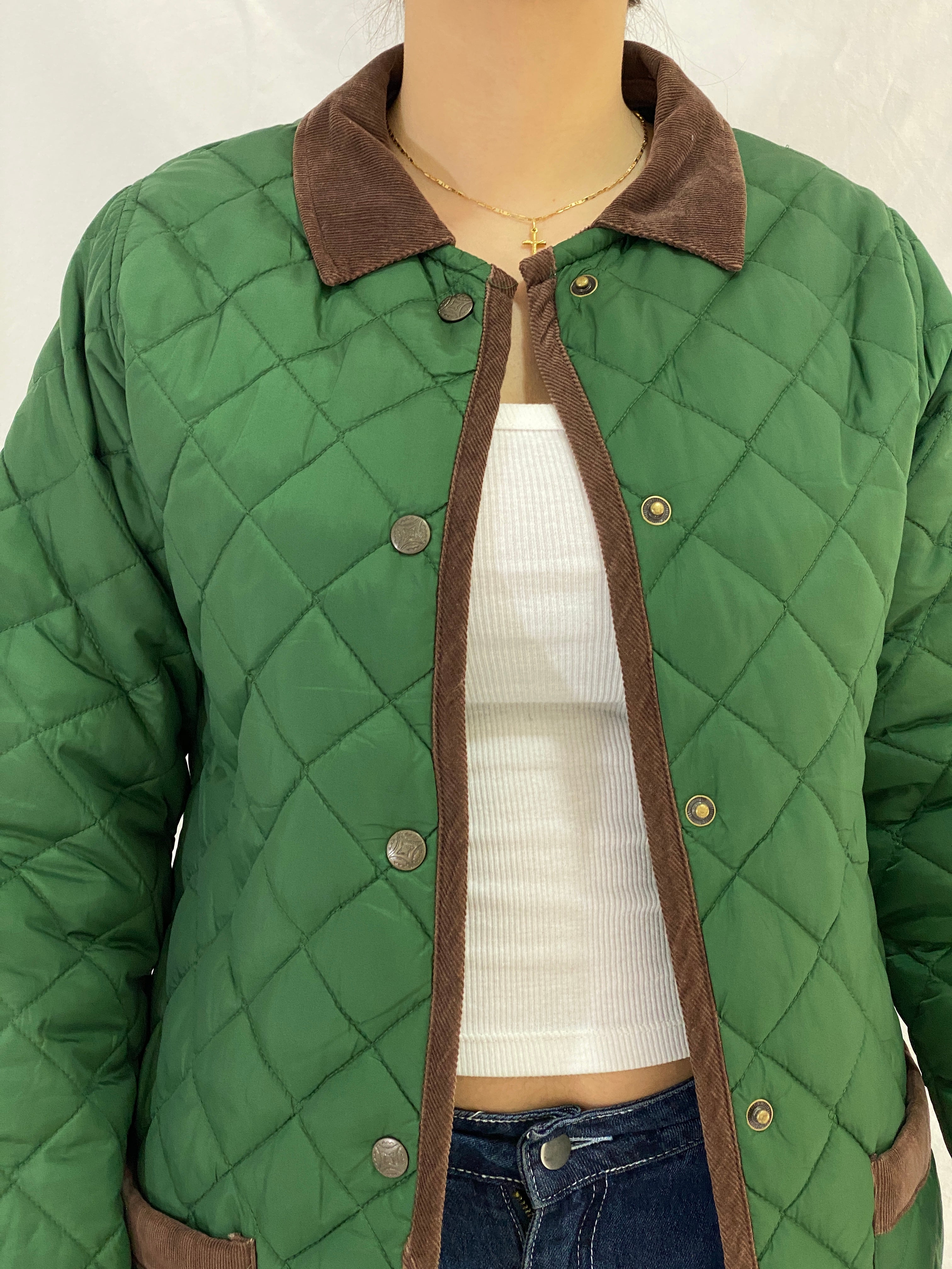 Vintage Green Quilted Nylon Jacket with Brown Corduroy Trim – S