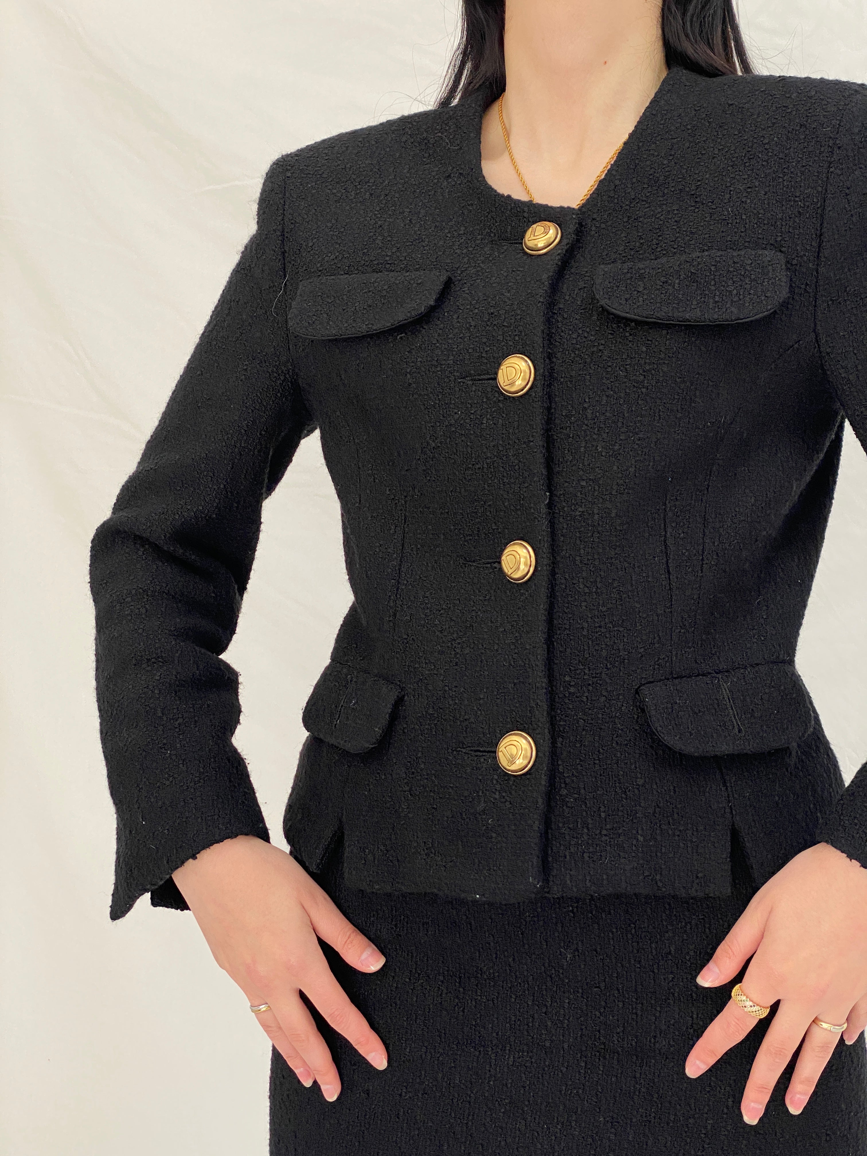 Vintage Directory Black Bouclé Blazer & Skirt Set - 90s Tailored Two Piece Suit, Gold Button Jacket, Minimalist Power Set - M