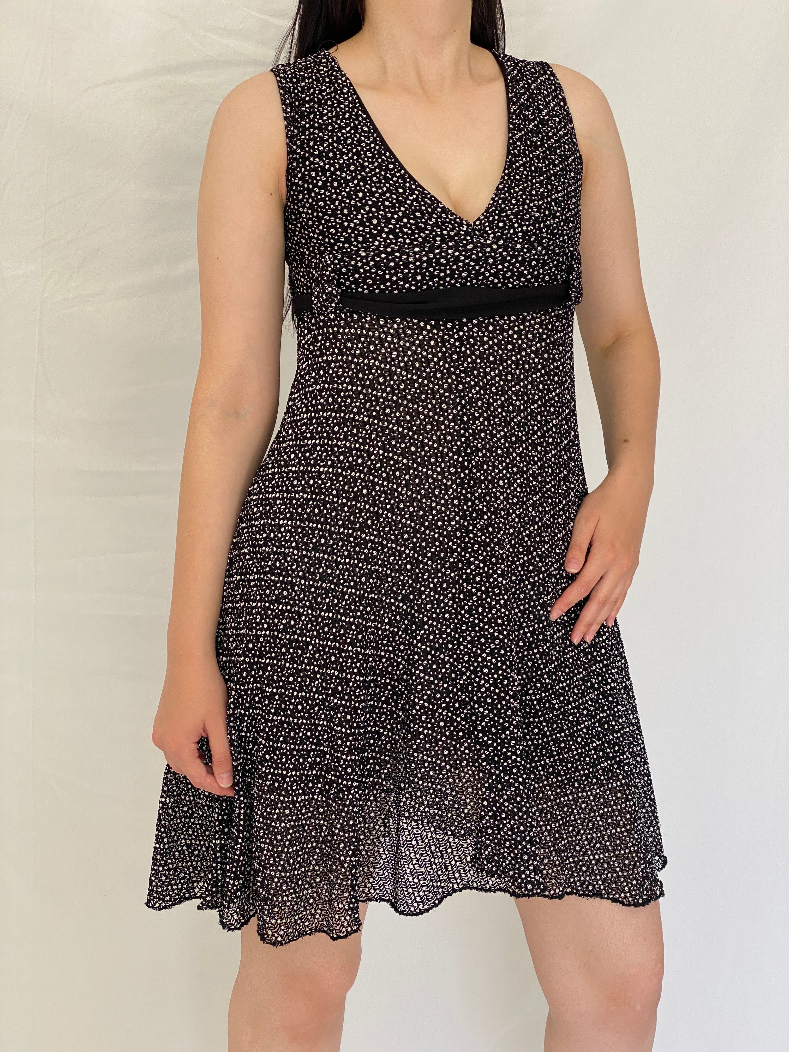 Vintage Y2K Exmoor Black & White Micro Print Empire Waist Fit & Flare Dress - M