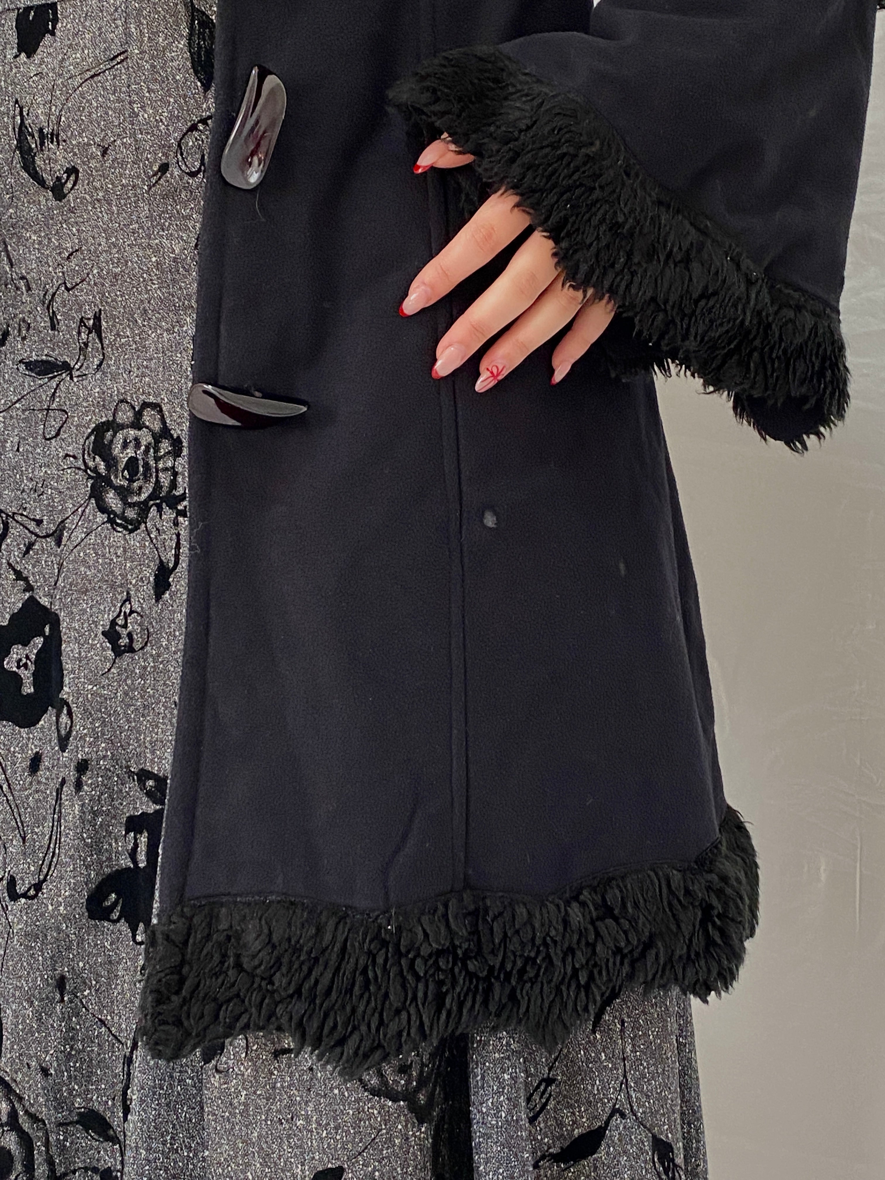 Vintage De Blue Black Penny Lane Faux Fur Lined Long Coat Toggle Closure Jacket - M