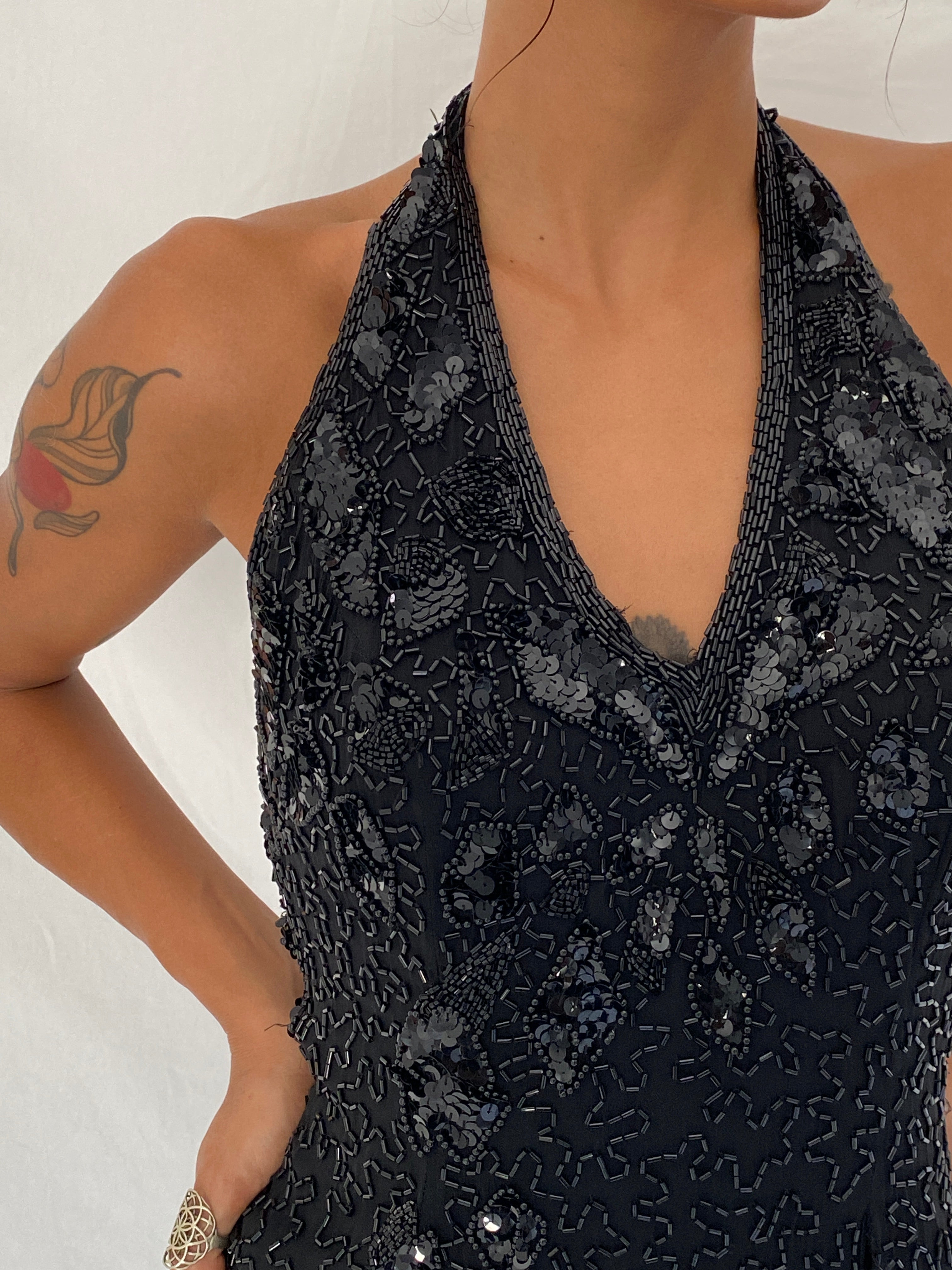 Vintage 90s Nite Line Black Silk Beaded Fringe Halter Mini Dress – XS