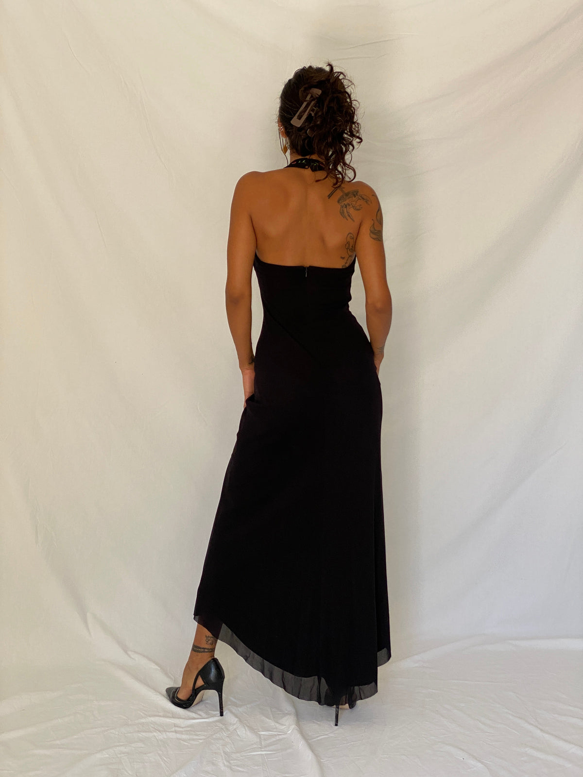 Vintage 90s De Laru by Sheila Yen Black Floral Embroidered Halter Dress – S