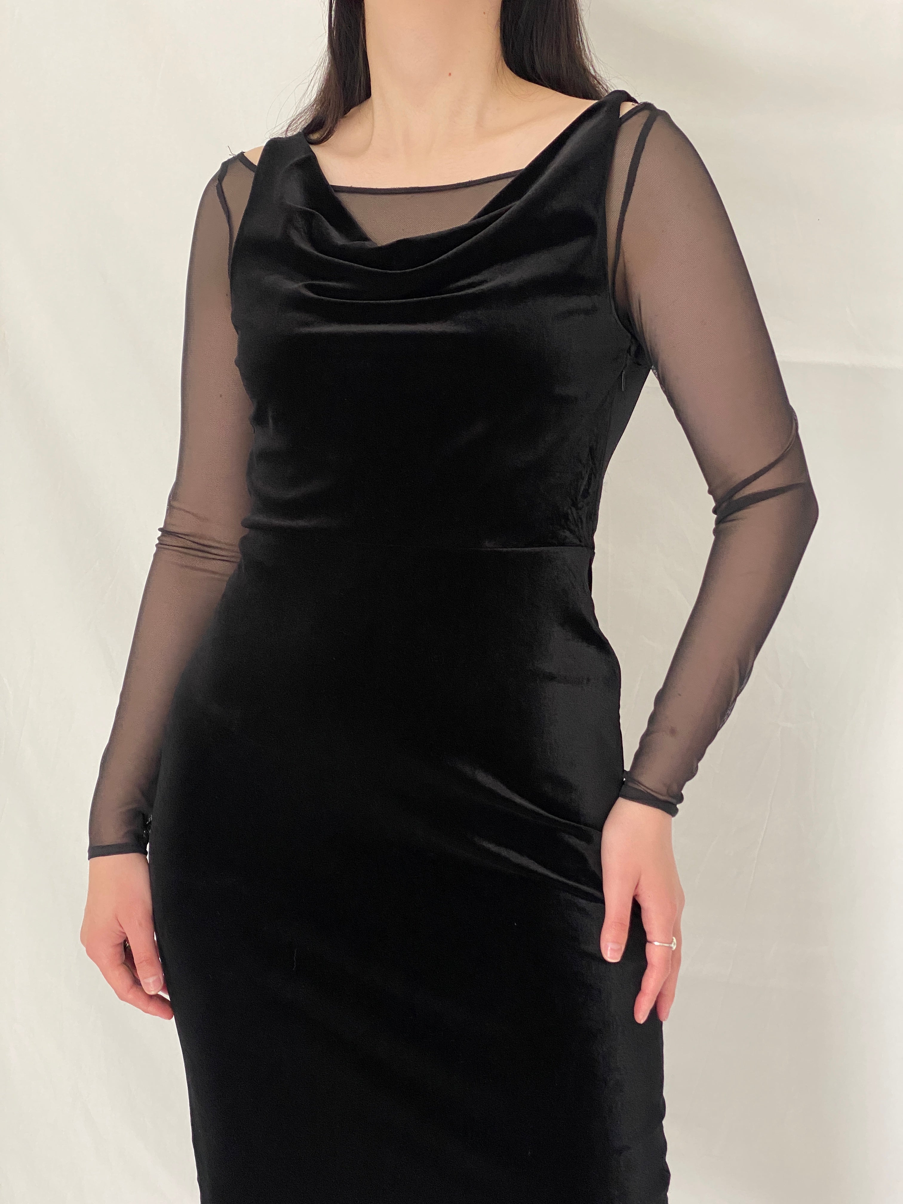 Elegant DKNY Black Velvet Mesh Sleeve Minimal Sheer Detail Midi Dress – S