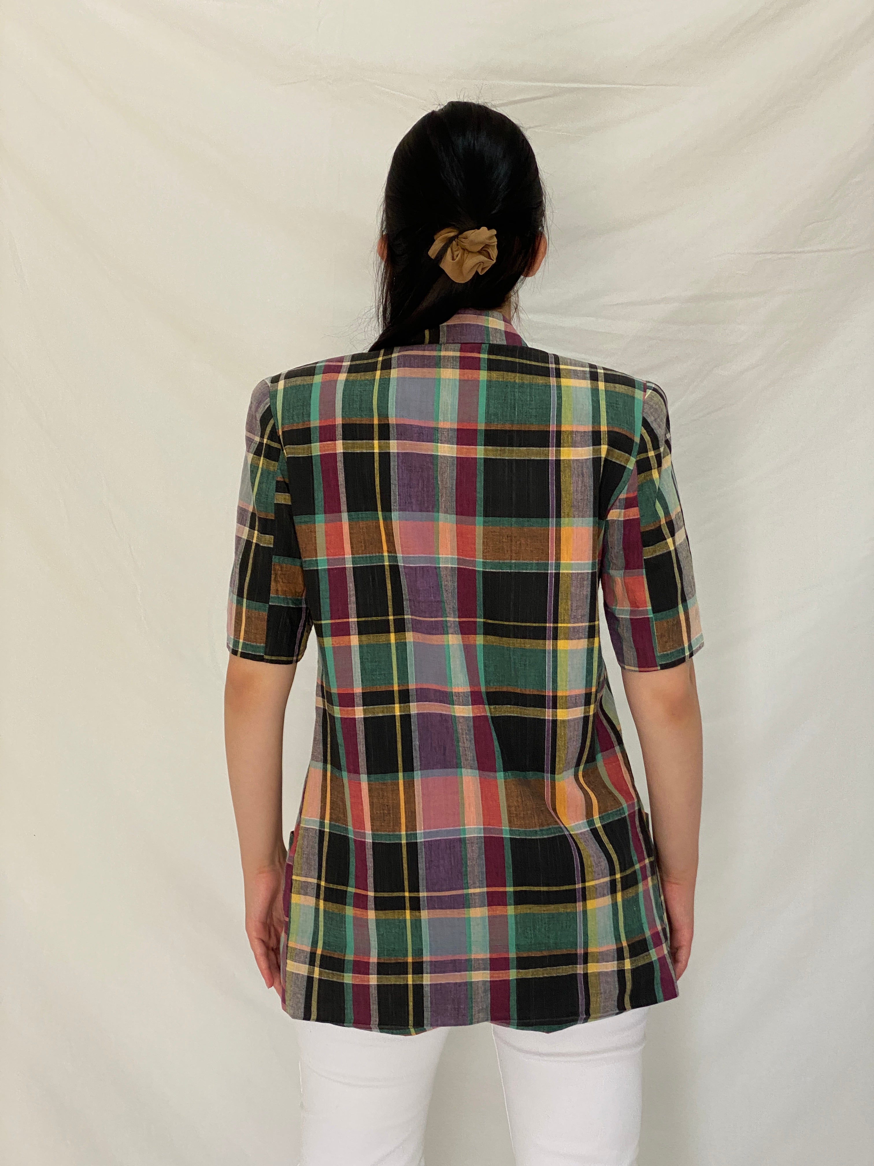 Vintage 90s Liz Claiborne Multicolor Plaid Cotton Short Sleeve Blazer - S