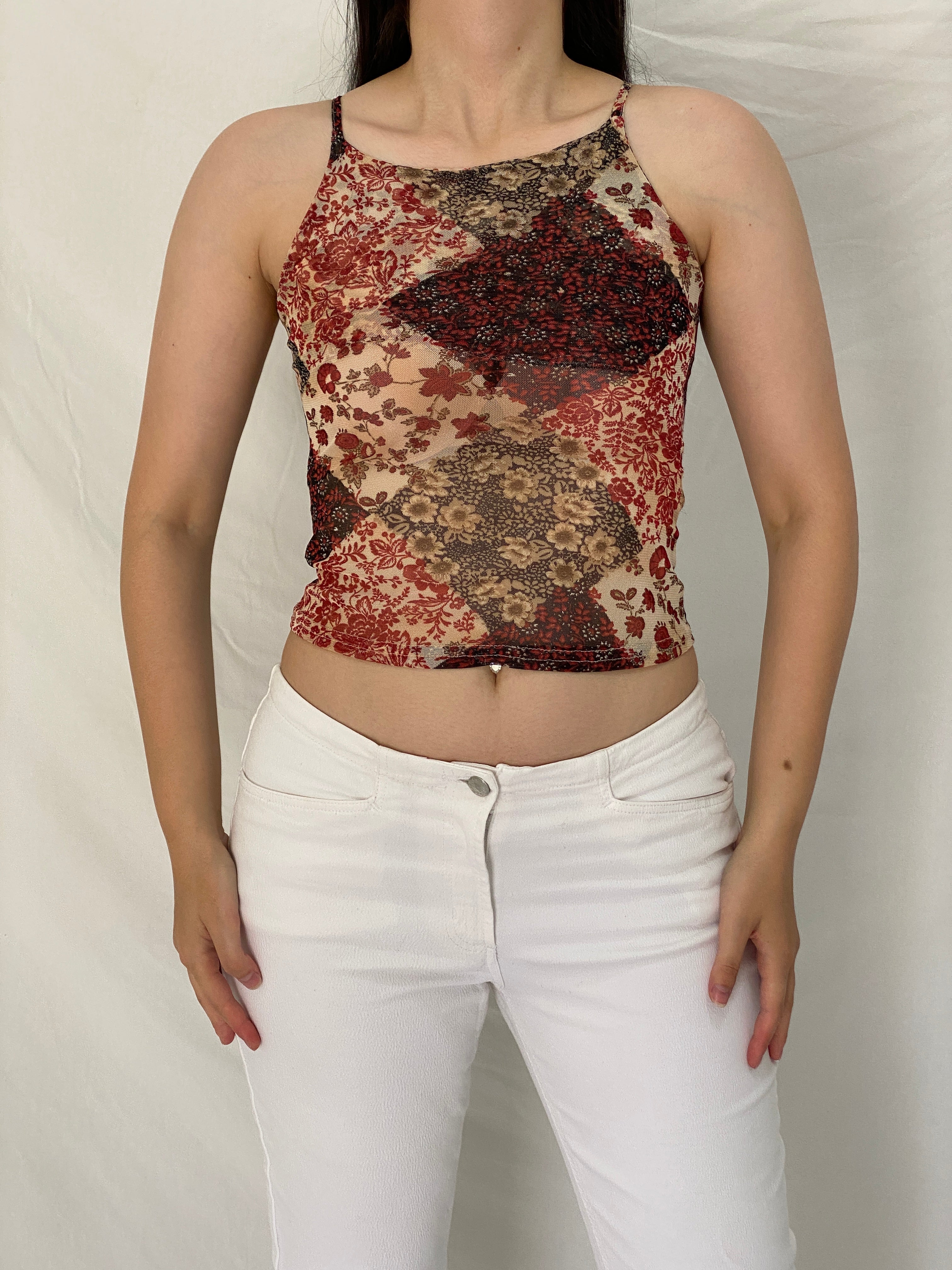 Vintage Y2K Three Brothers Red Floral Mesh Print Cami Top Sheer Stretch Tank - S