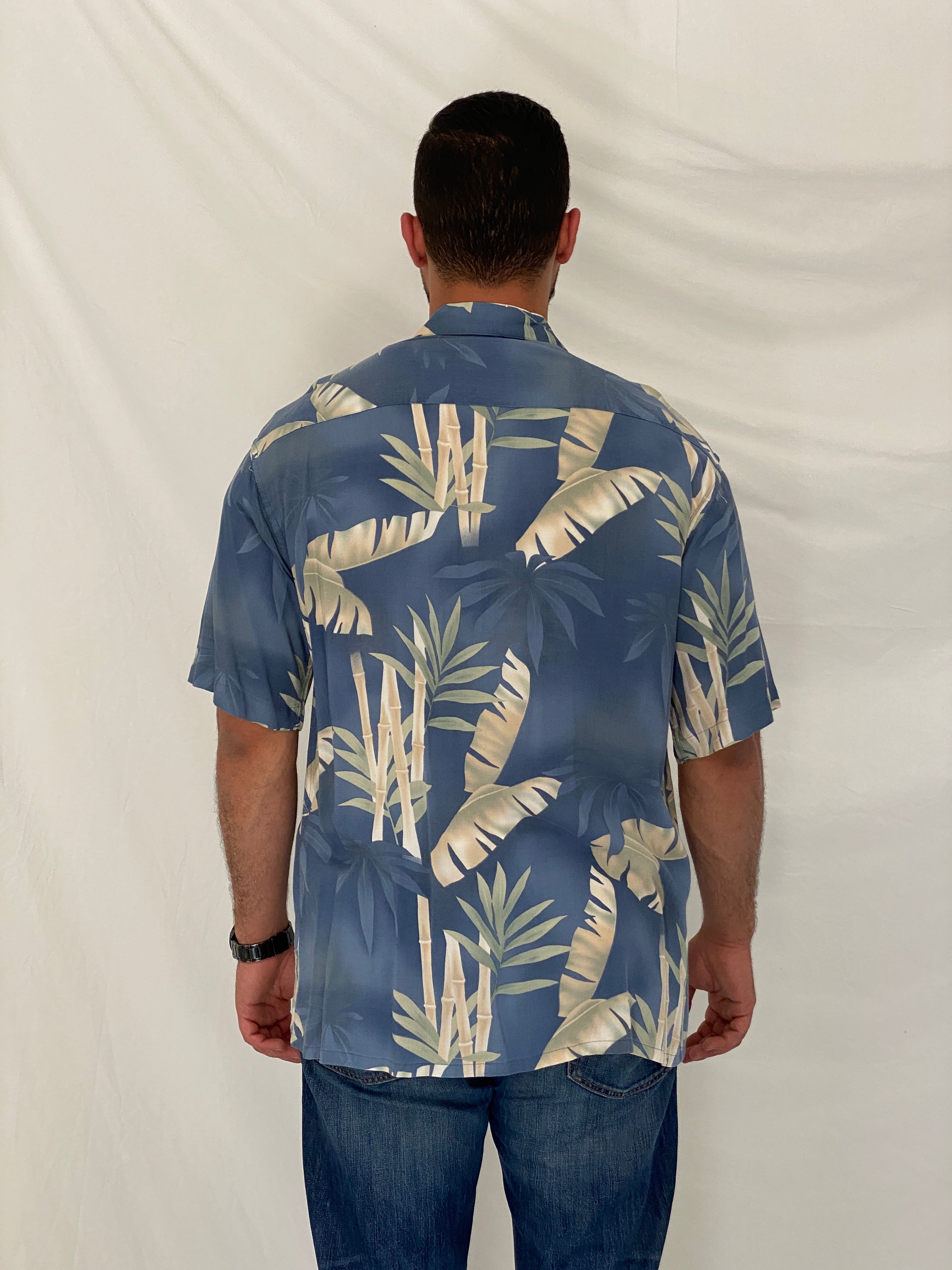 Vintage 90s Pierre Cardin Blue Tropical Rayon Hawaiian Shirt – L