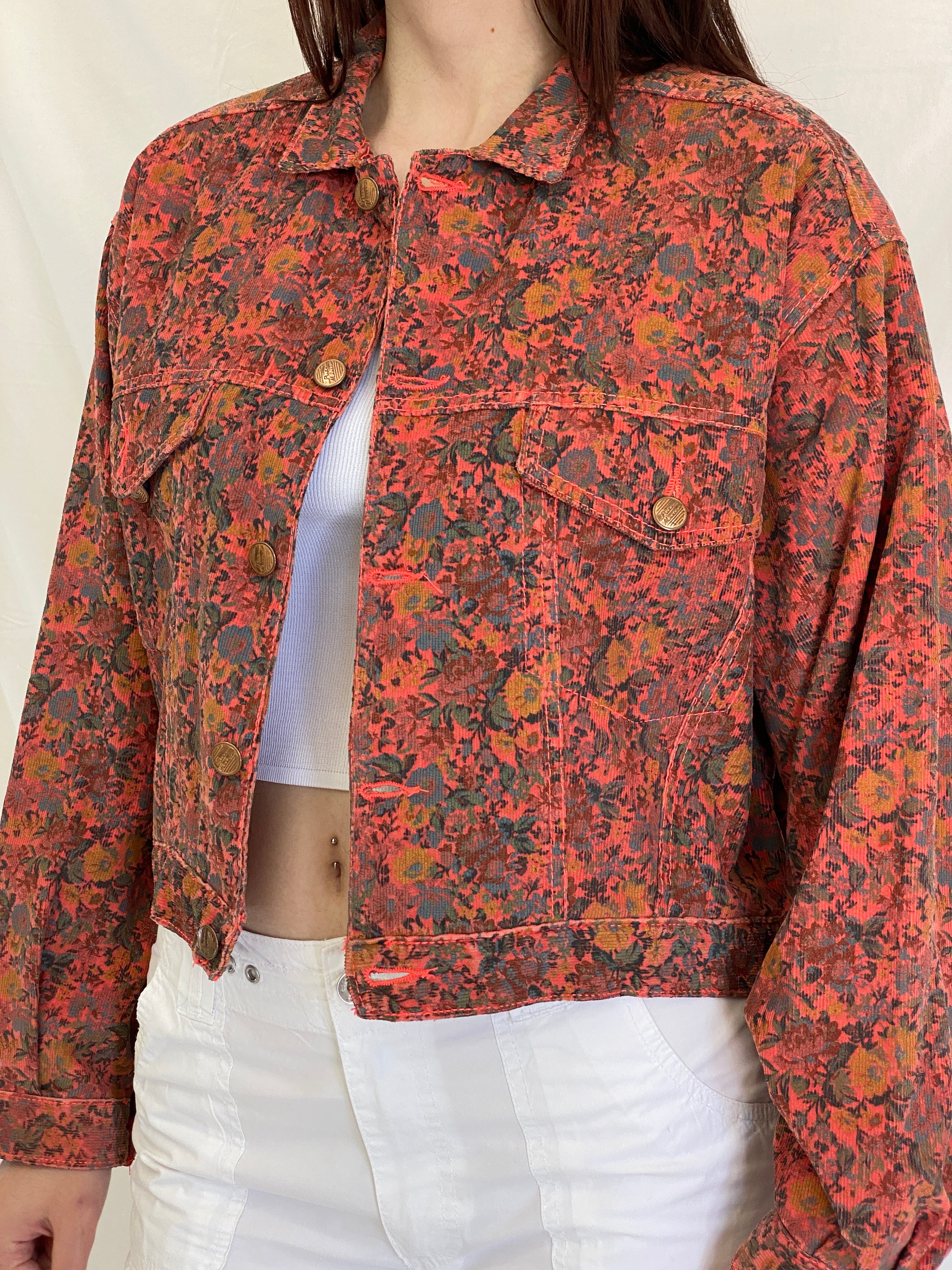 Vintage 90s Rita Marlow Cropped Oversized Floral Denim Jacket - L
