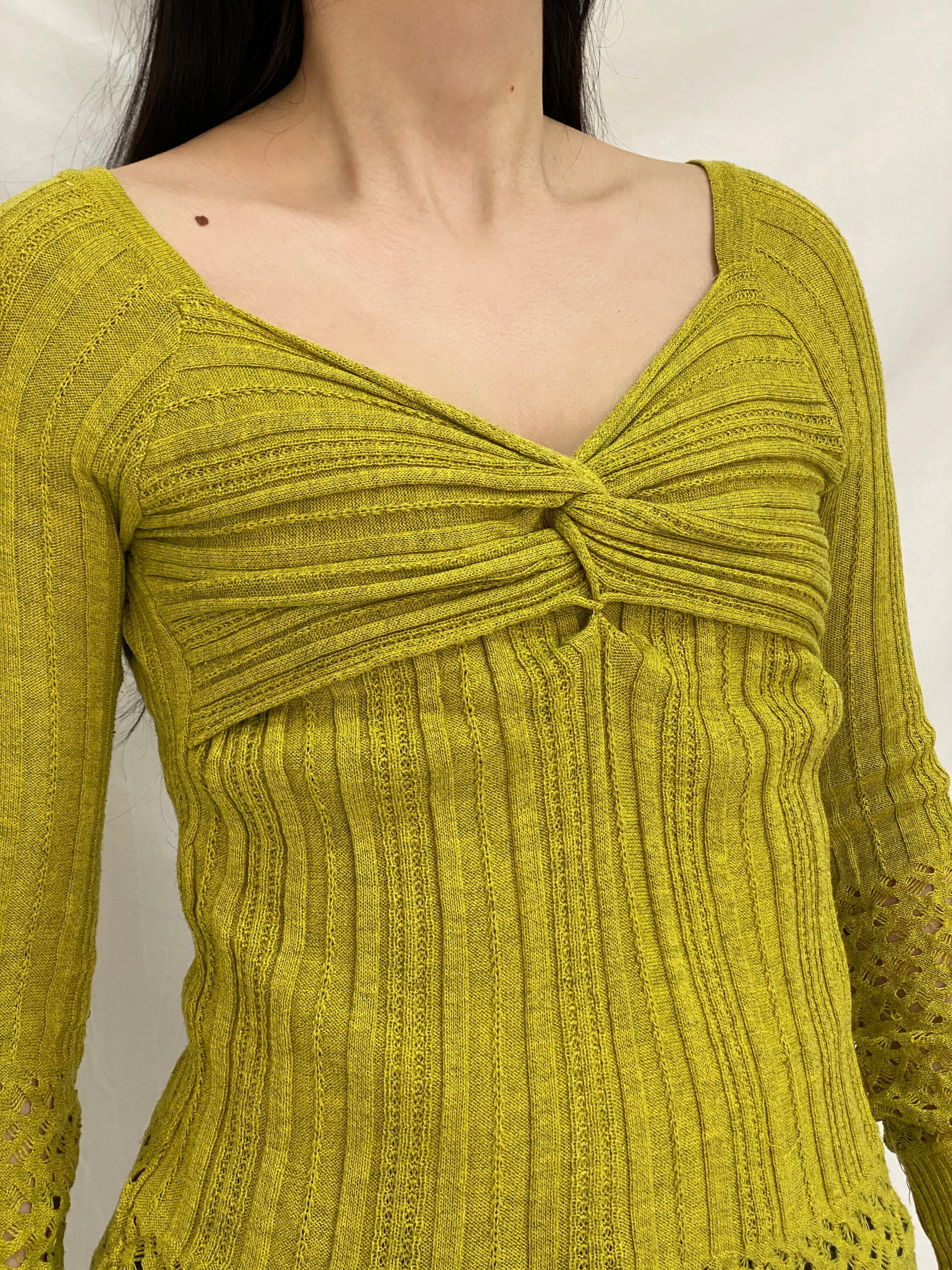 Vintage Y2K Chartreuse Ribbed Knit Twist Front Open Knit Detail Long Sleeve Top - S