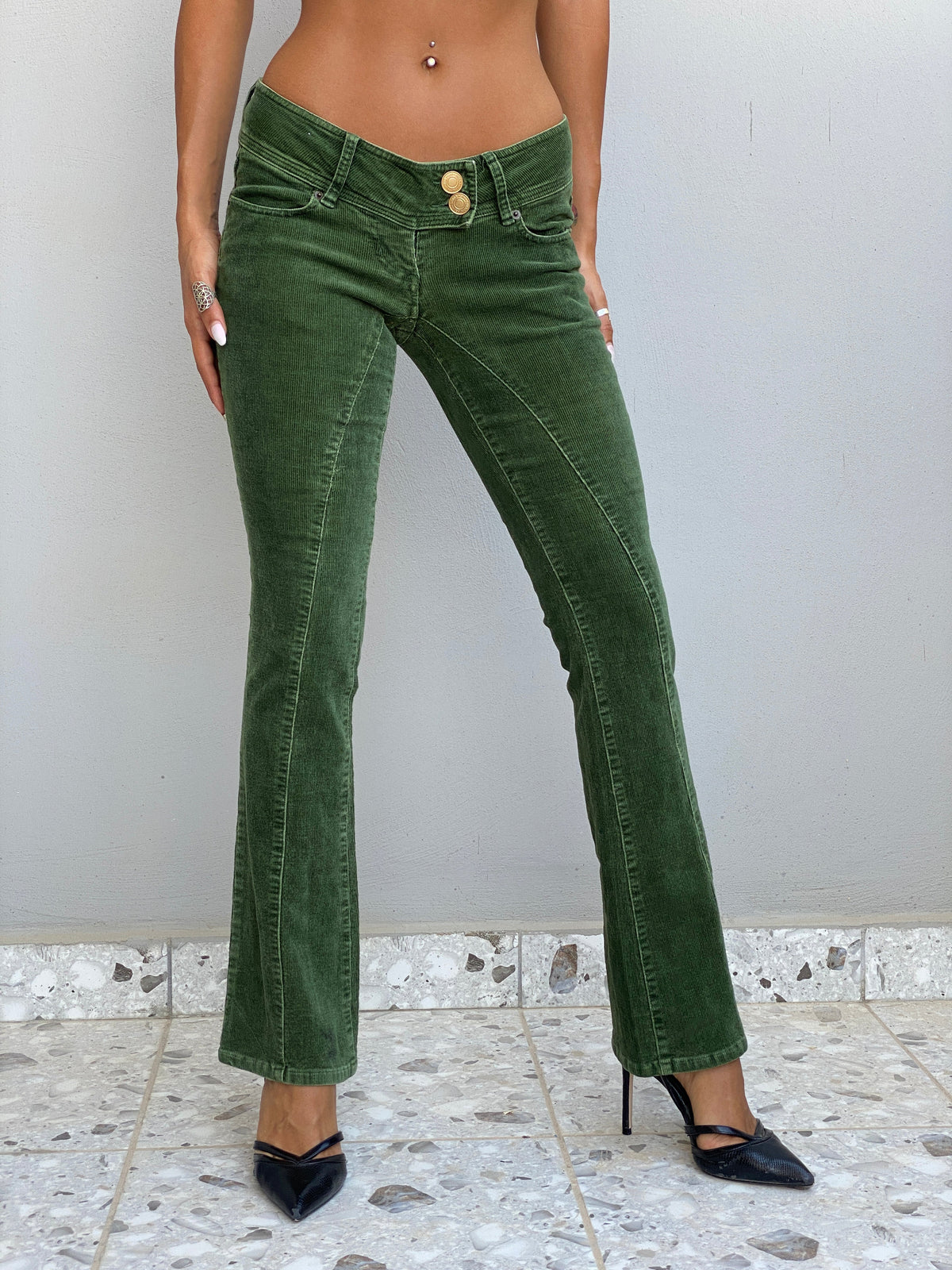 Vintage Y2K Wet Seal Forest Green Corduroy Low Rise Flare Pants - 34EUR