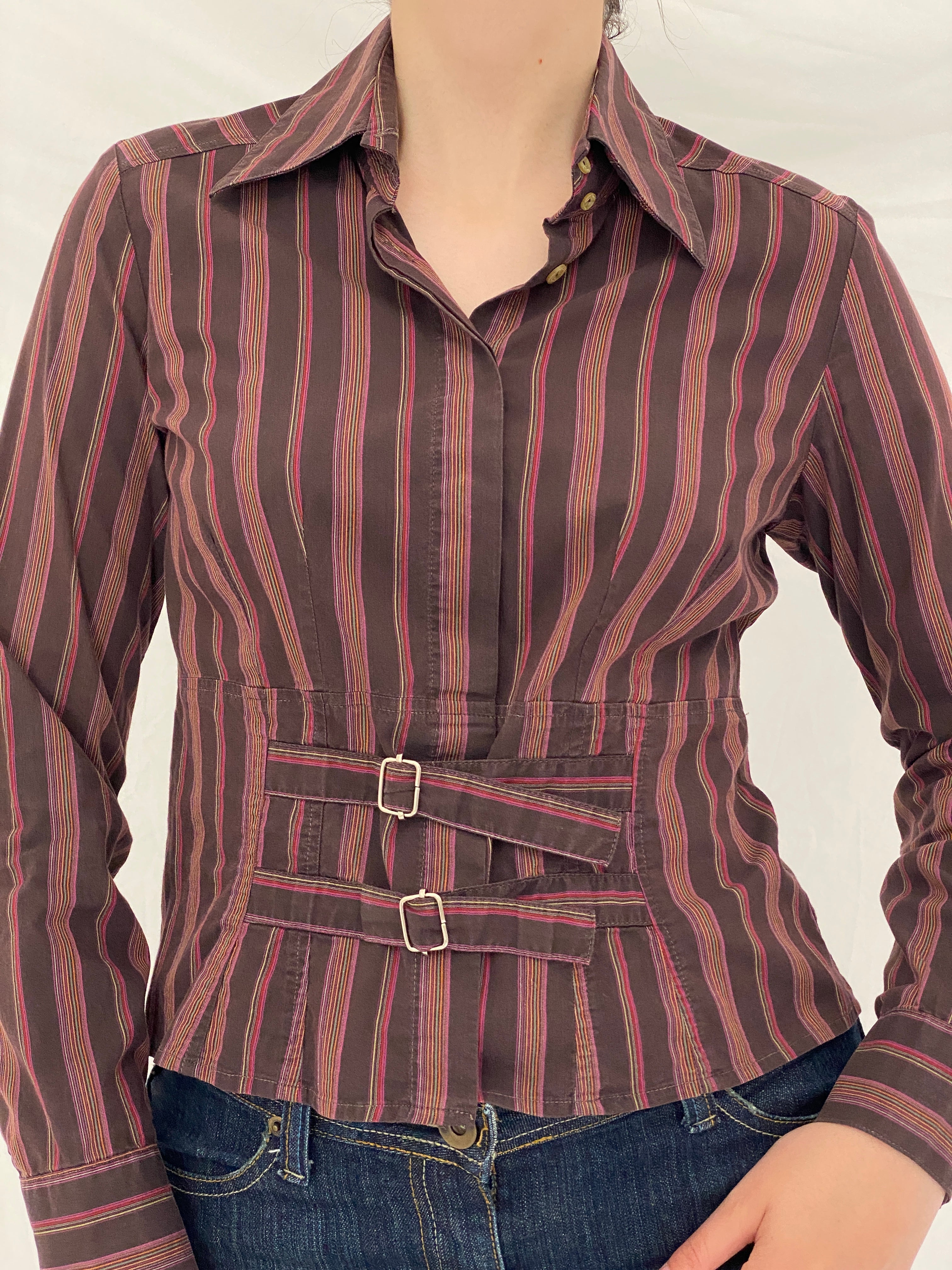 Vintage Y2K La Chemiserie dAVELINE Brown Stripe Buckle Waist Shirt - S