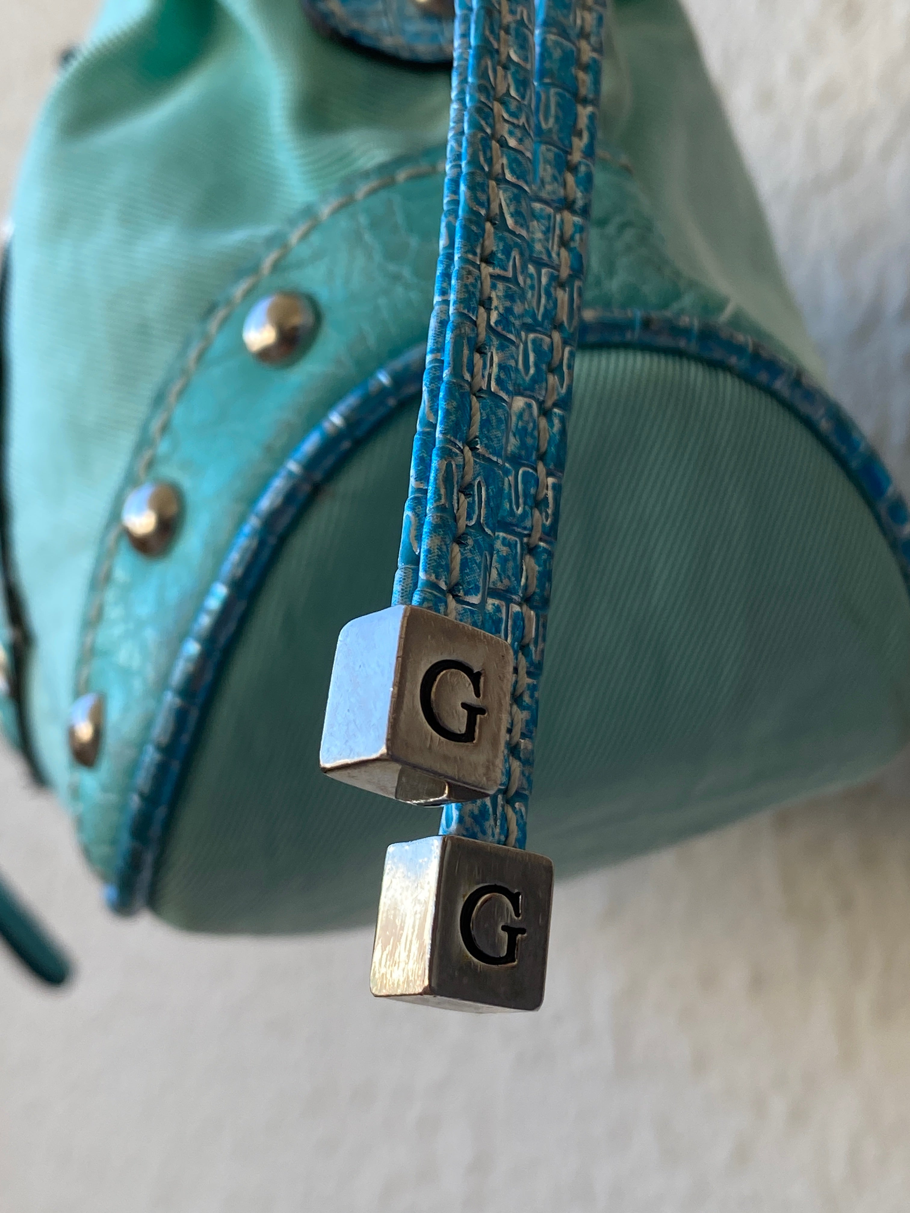 Vintage Y2K Guess Turquoise Satchel Bag with Logo G Hardware & Studded Trim Purse