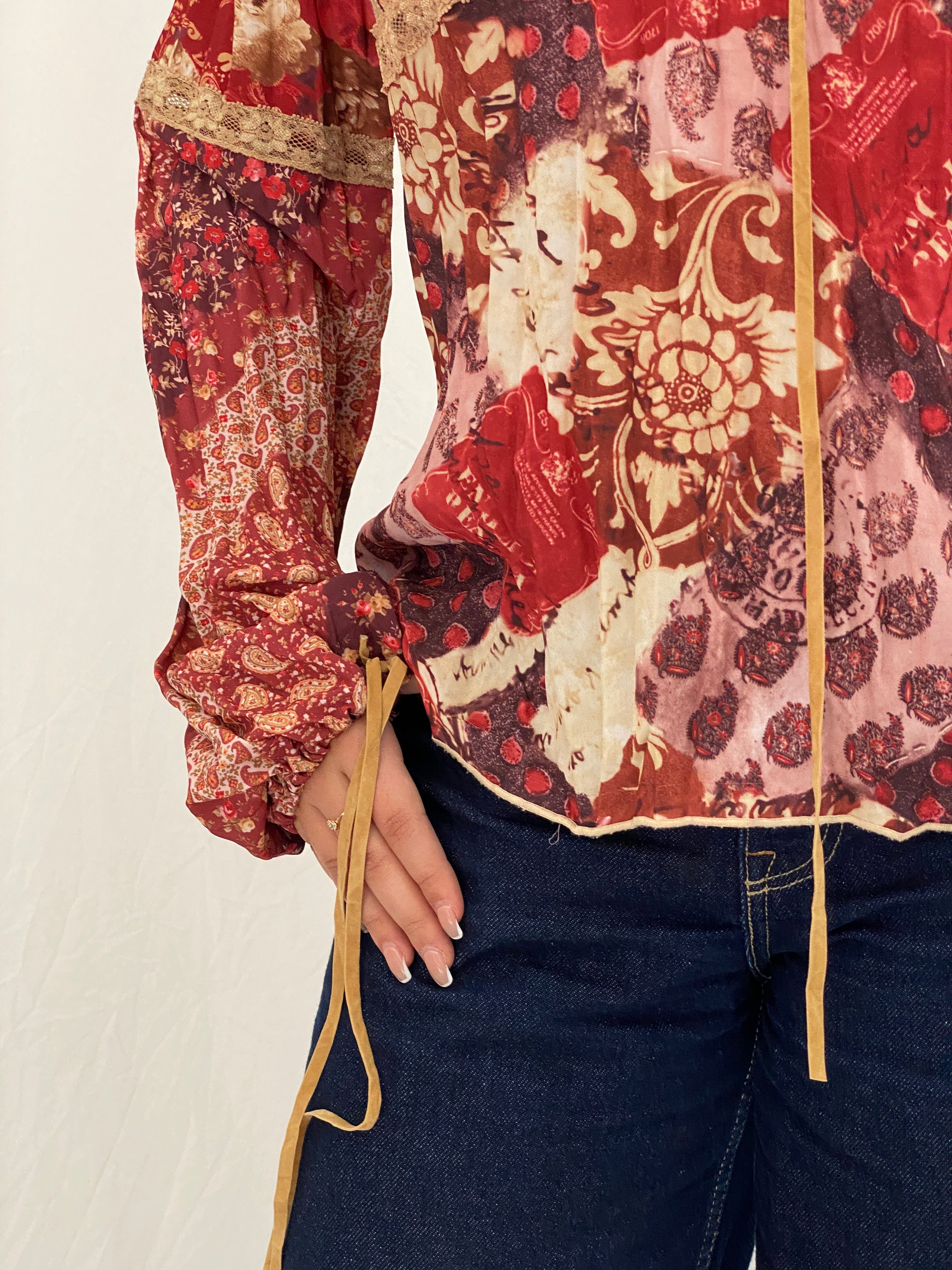 Vintage Y2K Fresh Wear Burgundy Patchwork Cottagecore Peasant Blouse - M