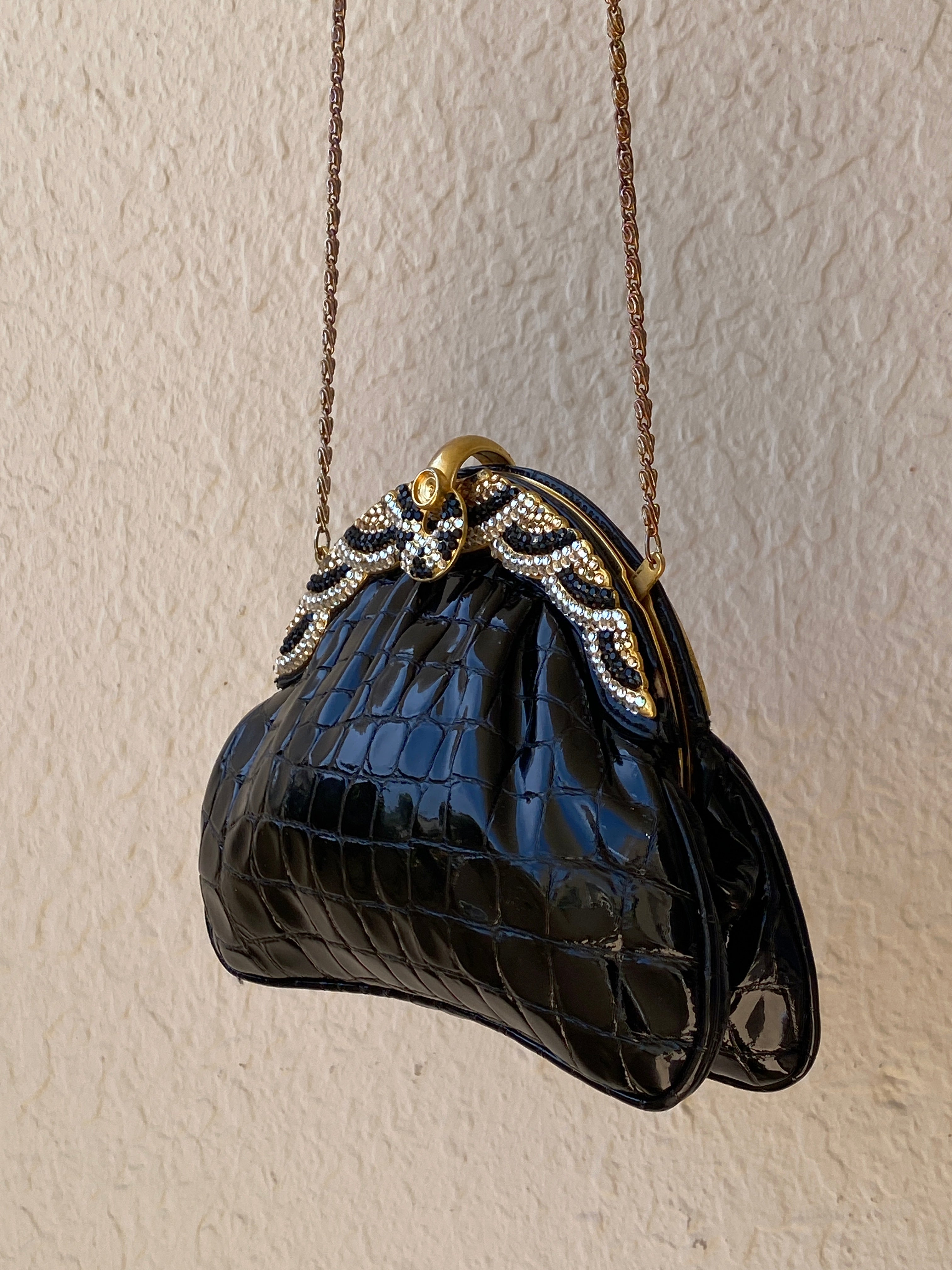 Vintage 1980s Black Croc Embossed Patent Rhinestone Bow Frame Gold Chain Evening Bag